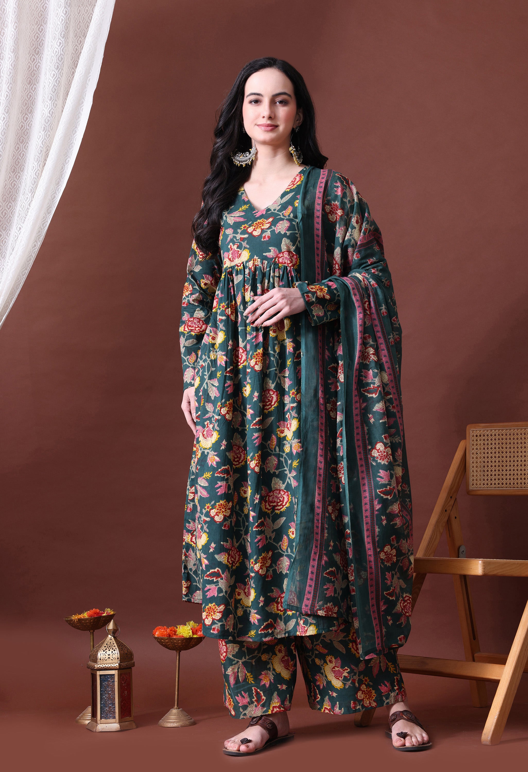 MEERA FAB Women's Cotton Blend V-Neck Anarkali Printed Kurta with Palazzo & Dupatta