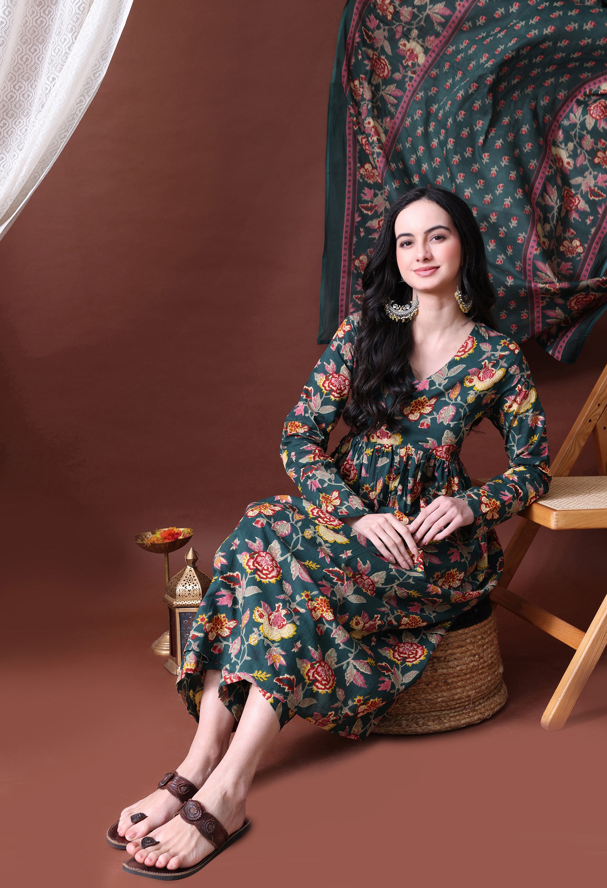 MEERA FAB Women's Cotton Blend V-Neck Anarkali Printed Kurta with Palazzo & Dupatta