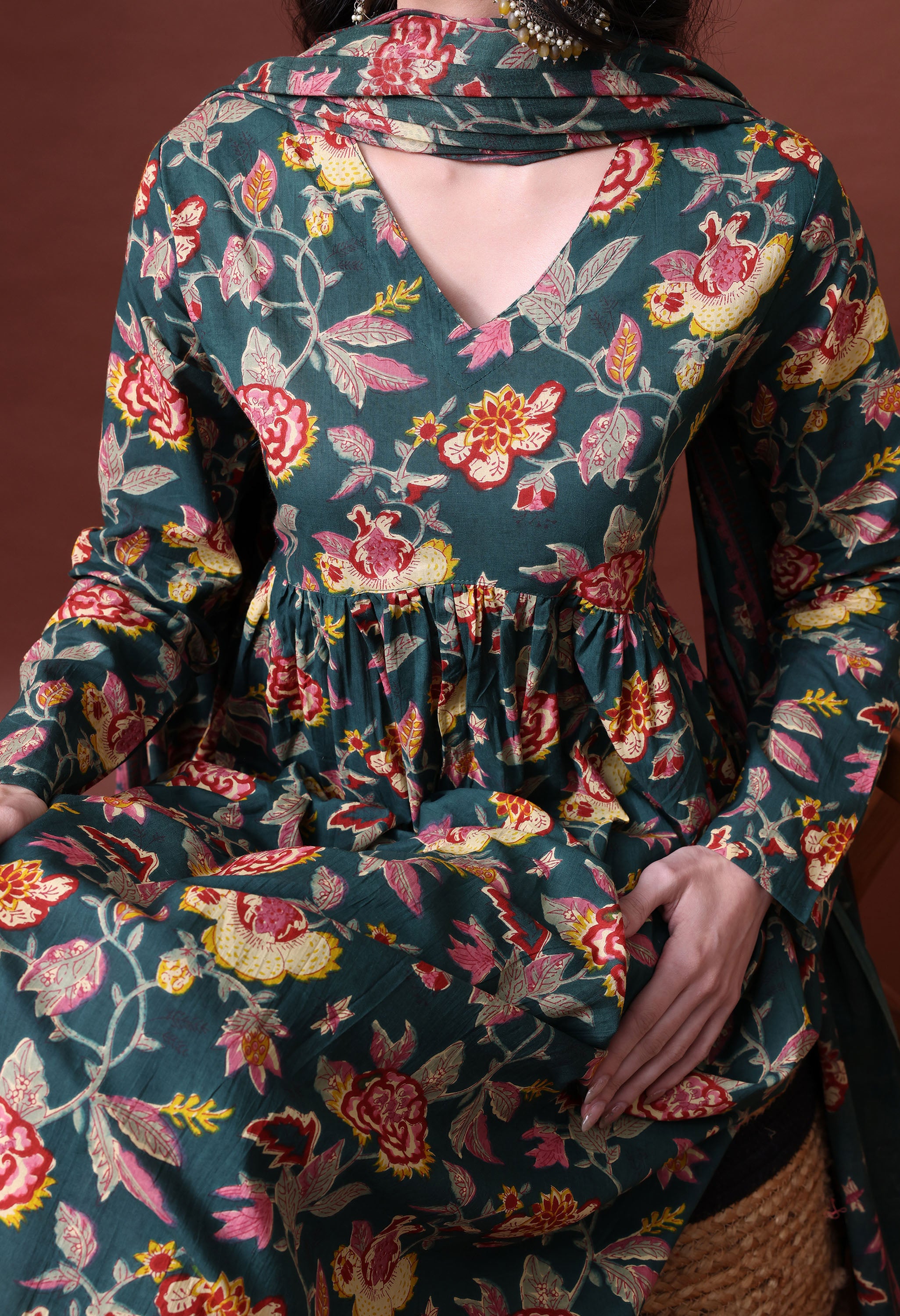 MEERA FAB Women's Cotton Blend V-Neck Anarkali Printed Kurta with Palazzo & Dupatta