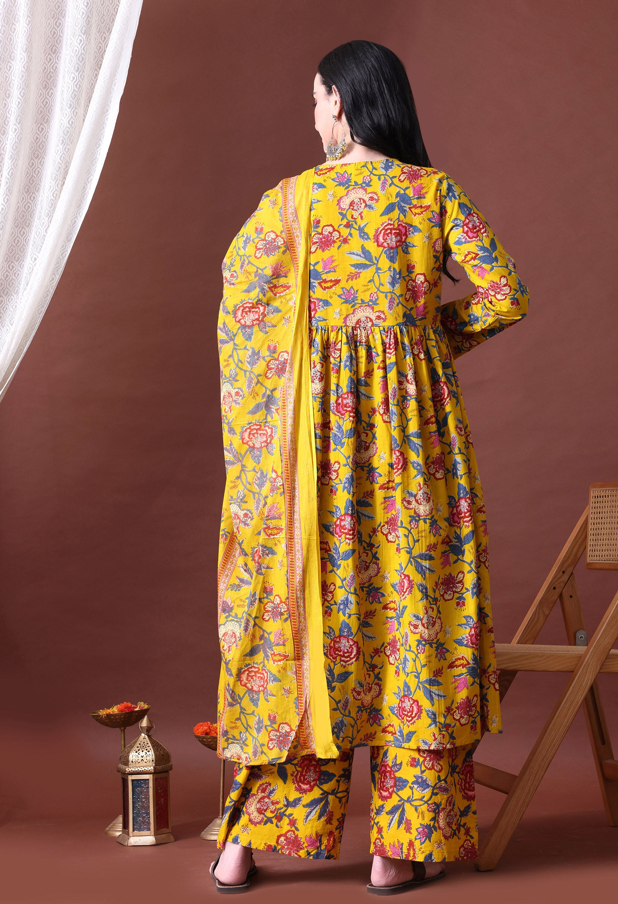 MEERA FAB Women's Cotton Blend V-Neck Anarkali Printed Kurta with Palazzo & Dupatta