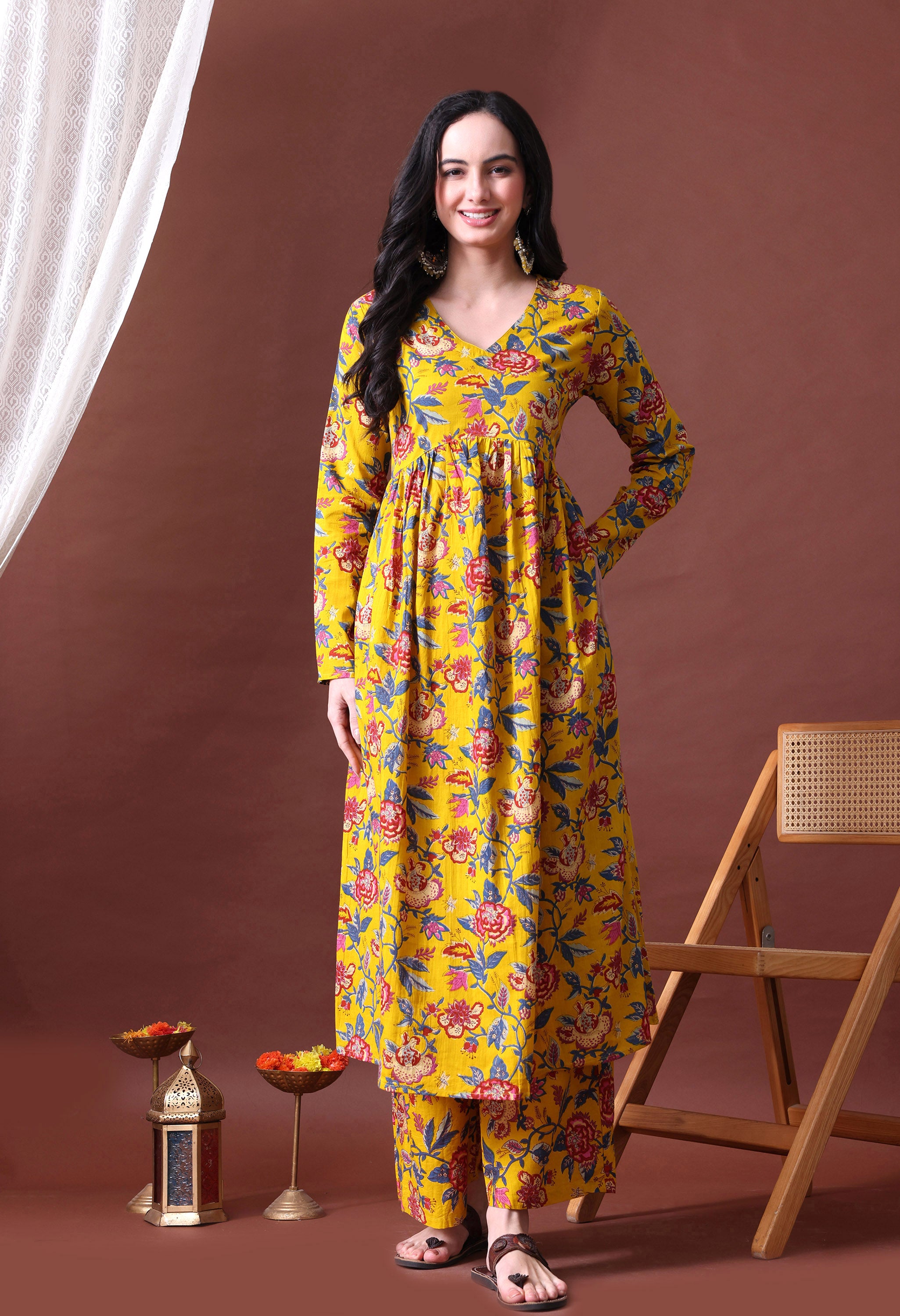 MEERA FAB Women's Cotton Blend V-Neck Anarkali Printed Kurta with Palazzo & Dupatta