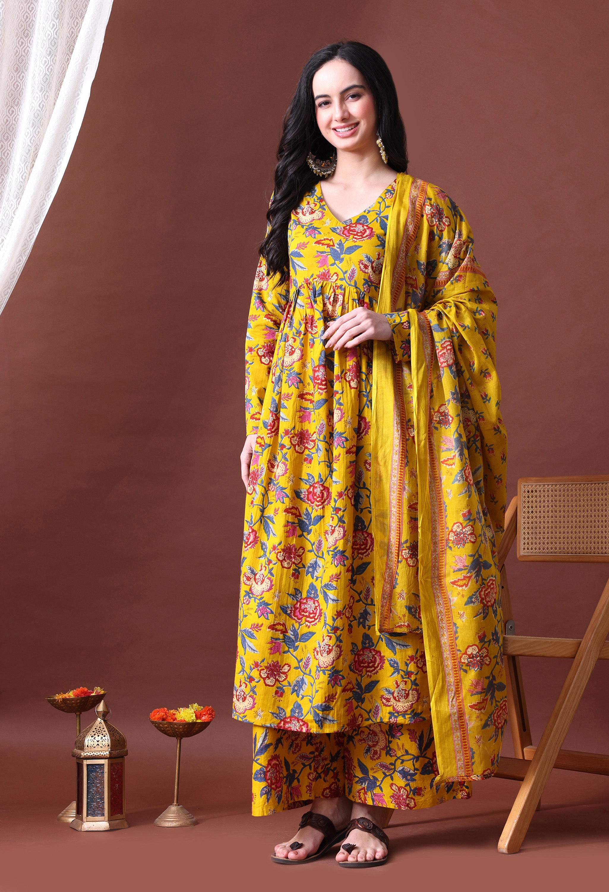 MEERA FAB Women's Cotton Blend V-Neck Anarkali Printed Kurta with Palazzo & Dupatta