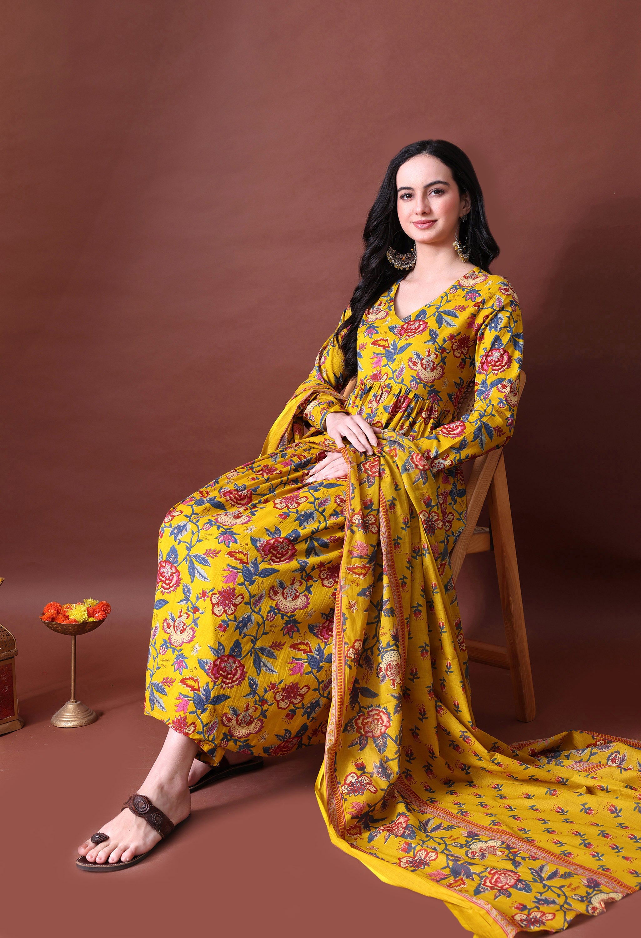 MEERA FAB Women's Cotton Blend V-Neck Anarkali Printed Kurta with Palazzo & Dupatta