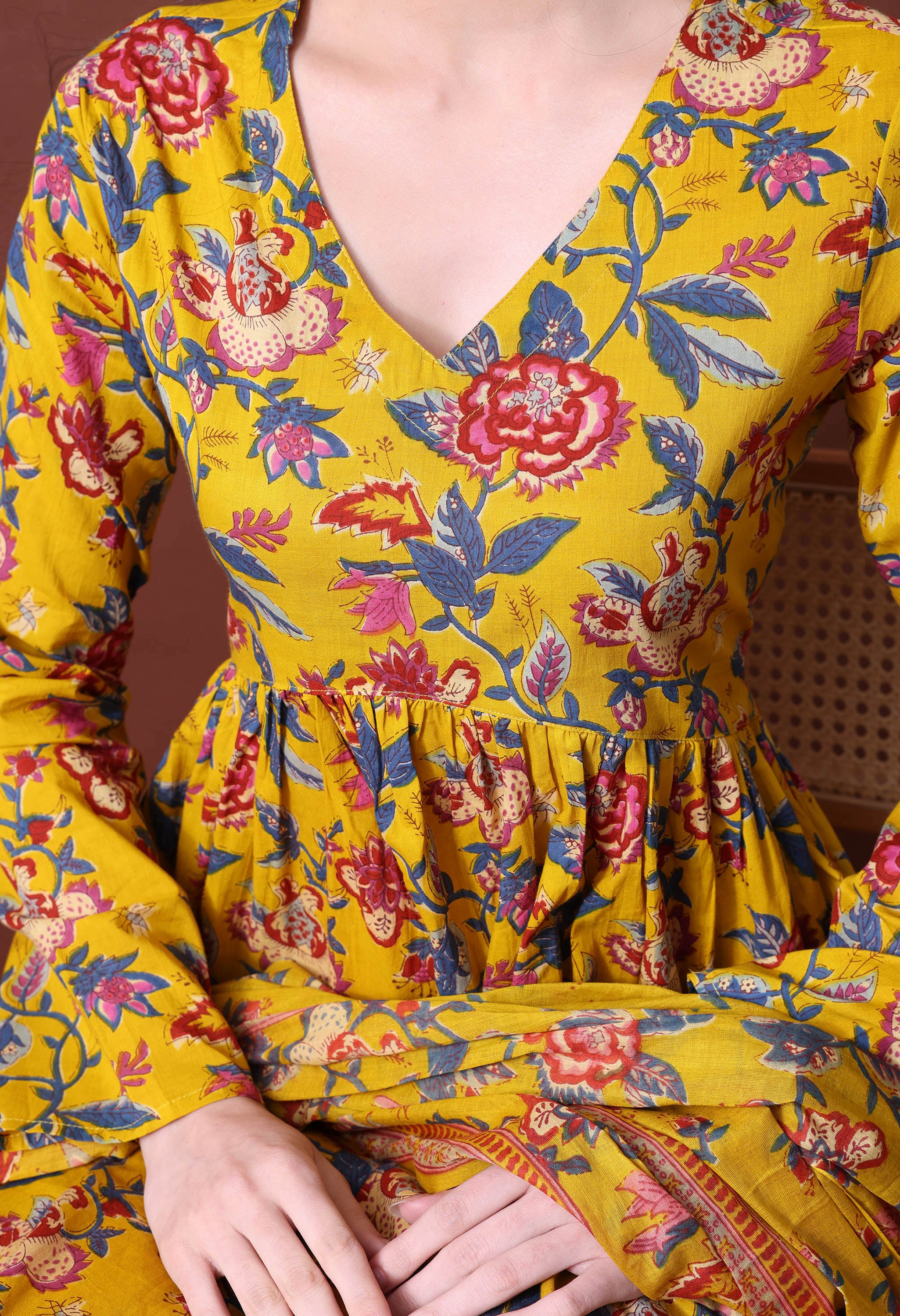 MEERA FAB Women's Cotton Blend V-Neck Anarkali Printed Kurta with Palazzo & Dupatta