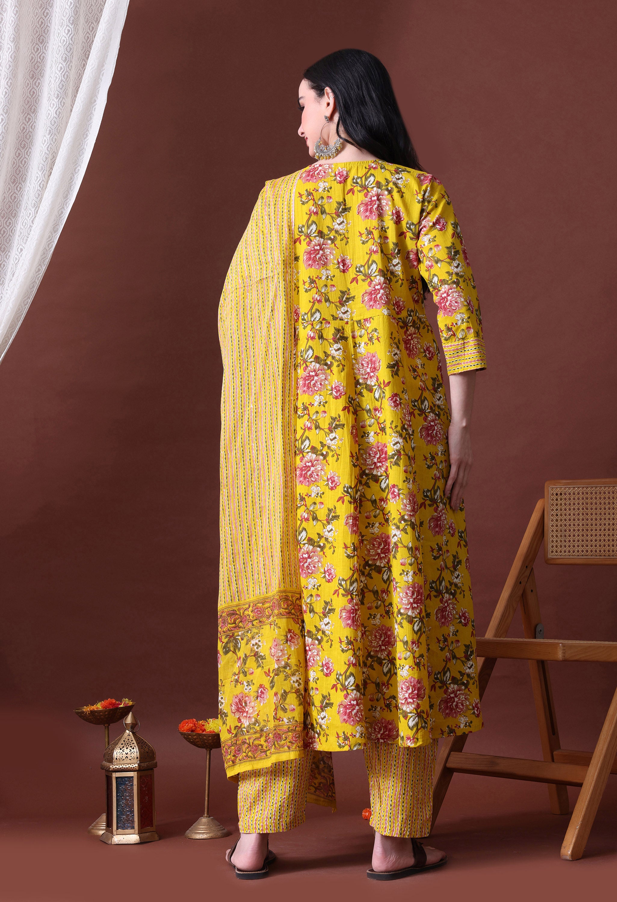 MEERA FAB Women's Pure Cotton V-Neck Anarkali Printed Kurta with Palazzo and Dupatta