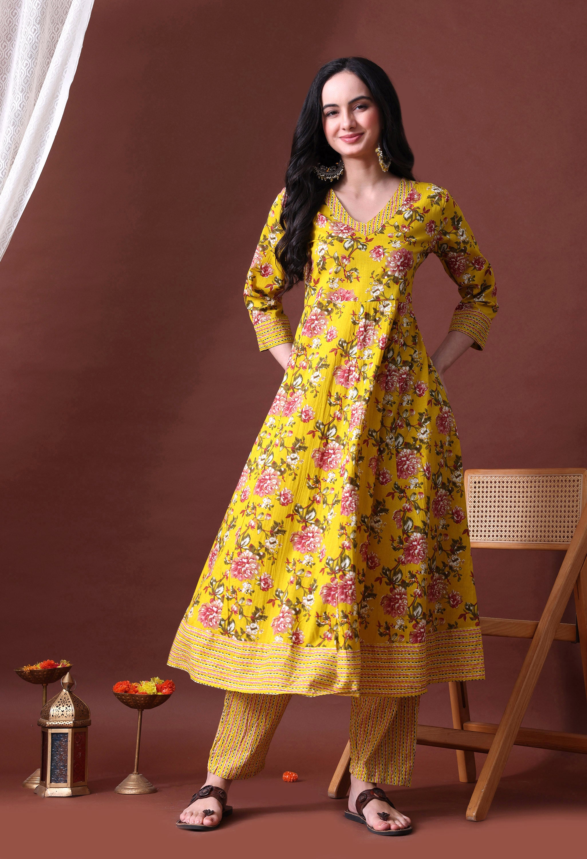 MEERA FAB Women's Pure Cotton V-Neck Anarkali Printed Kurta with Palazzo and Dupatta