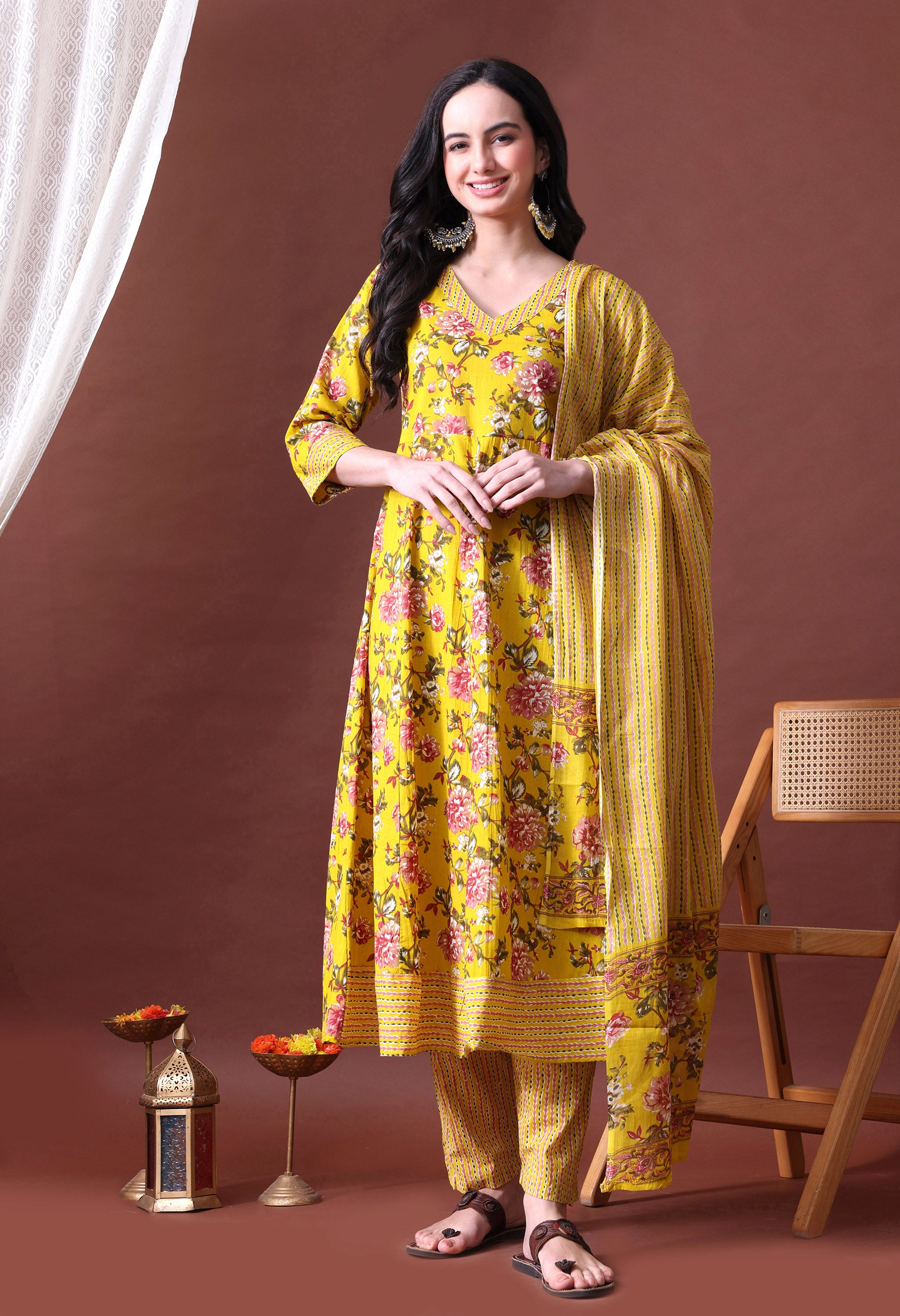 MEERA FAB Women's Pure Cotton V-Neck Anarkali Printed Kurta with Palazzo and Dupatta