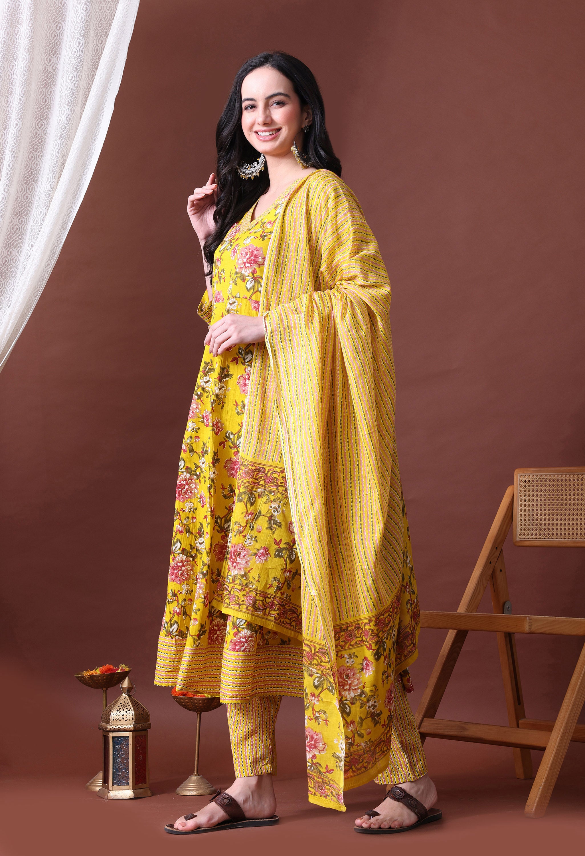 MEERA FAB Women's Pure Cotton V-Neck Anarkali Printed Kurta with Palazzo and Dupatta