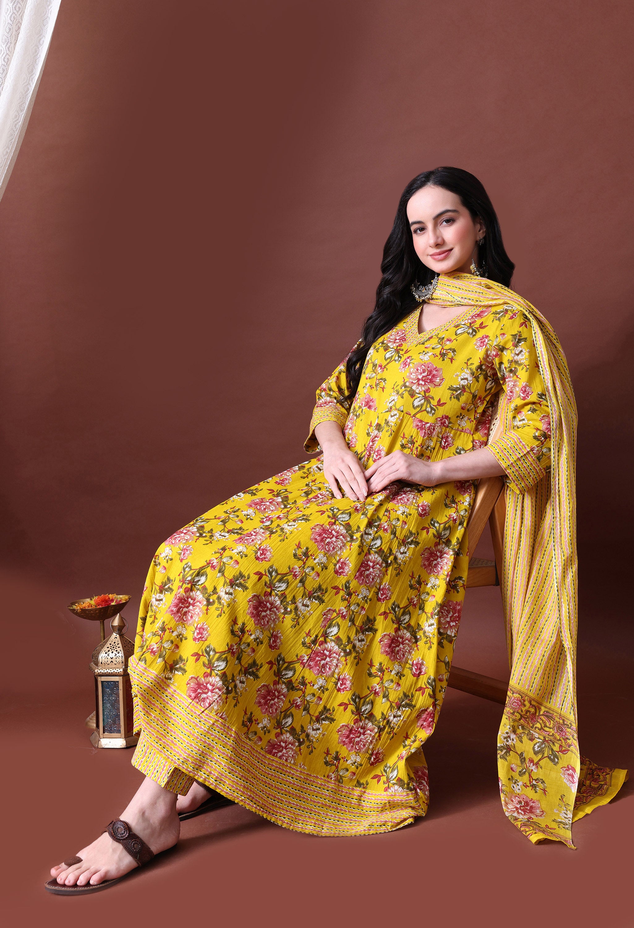 MEERA FAB Women's Pure Cotton V-Neck Anarkali Printed Kurta with Palazzo and Dupatta