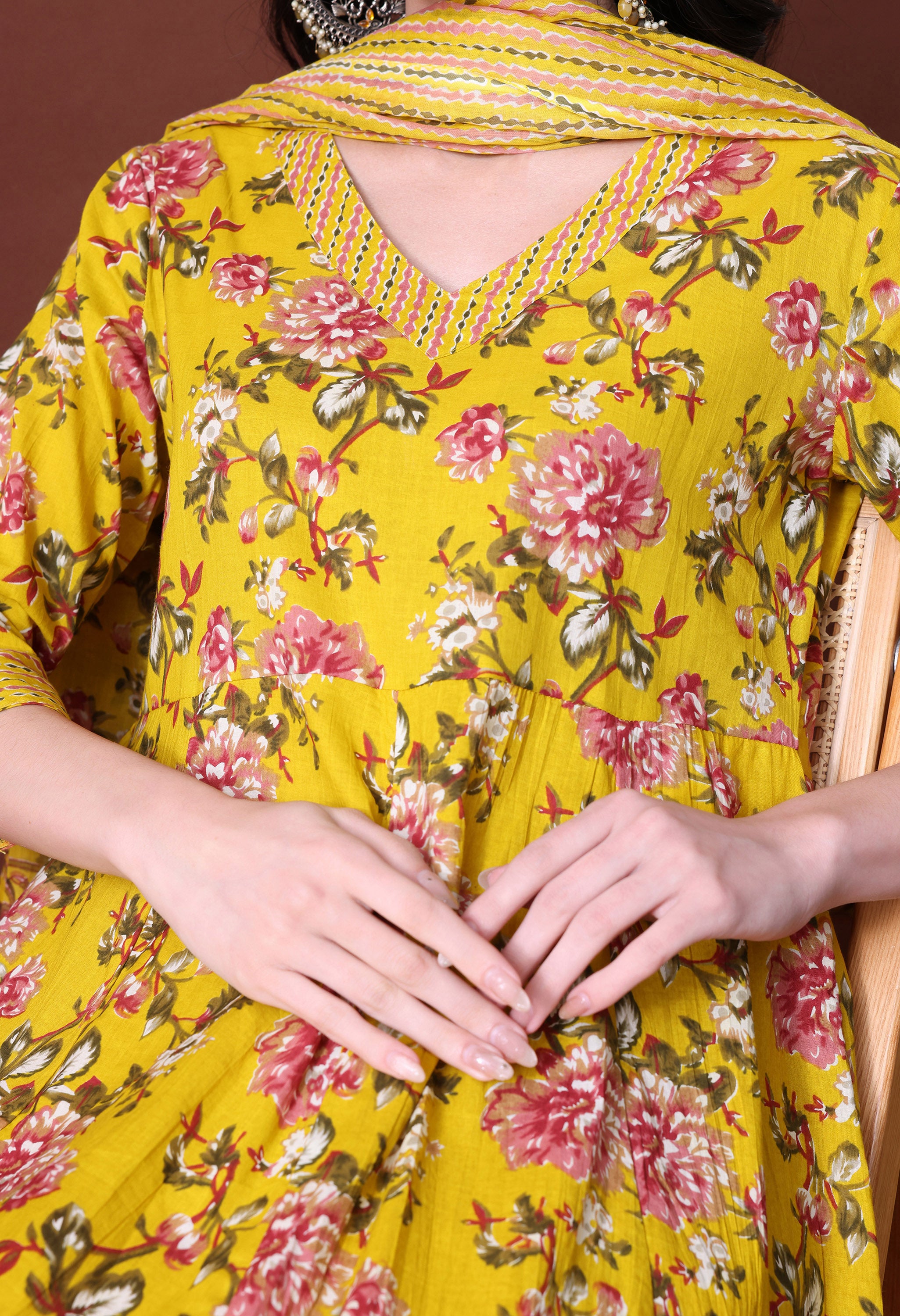 MEERA FAB Women's Pure Cotton V-Neck Anarkali Printed Kurta with Palazzo and Dupatta