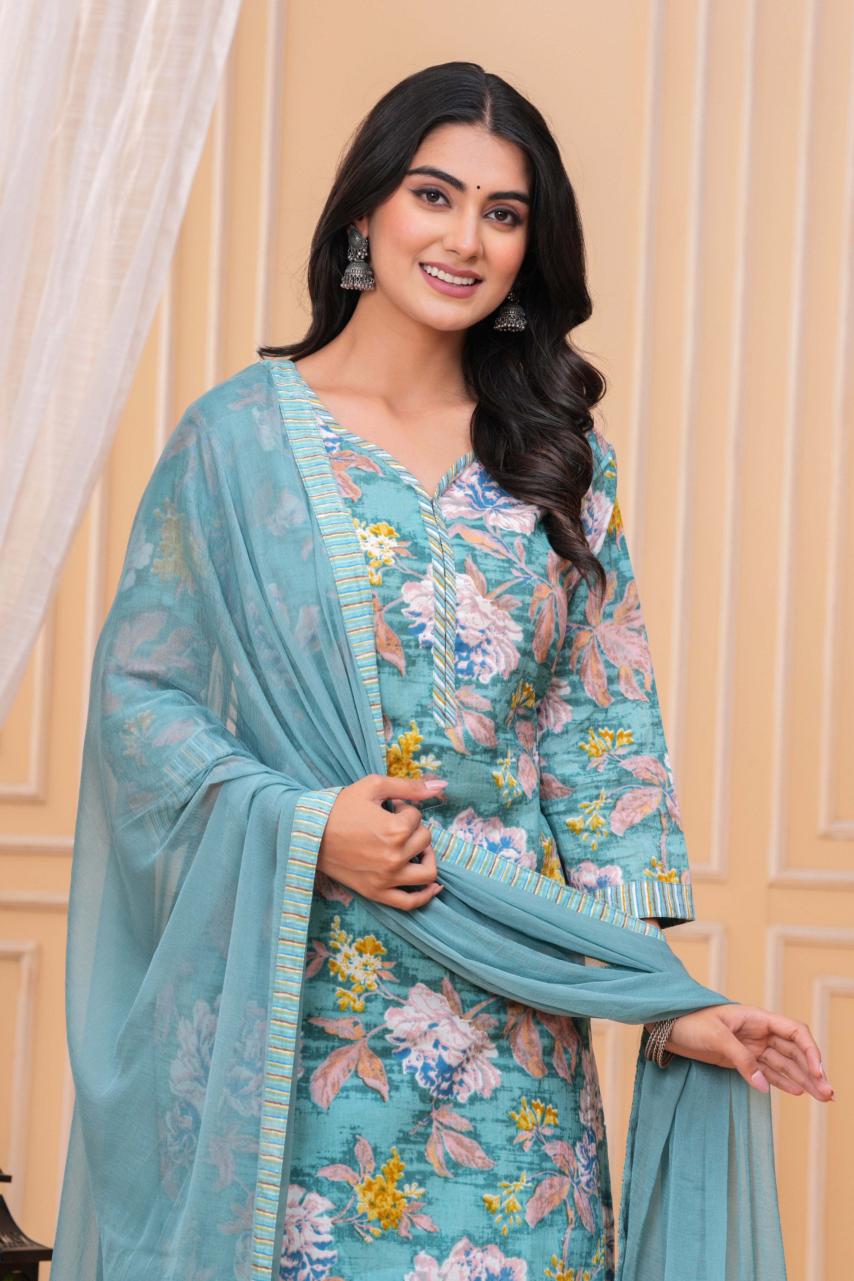 MEERA FAB Women Floral Printed Regular Pure Cotton Kurta with Palazzo & Dupatta