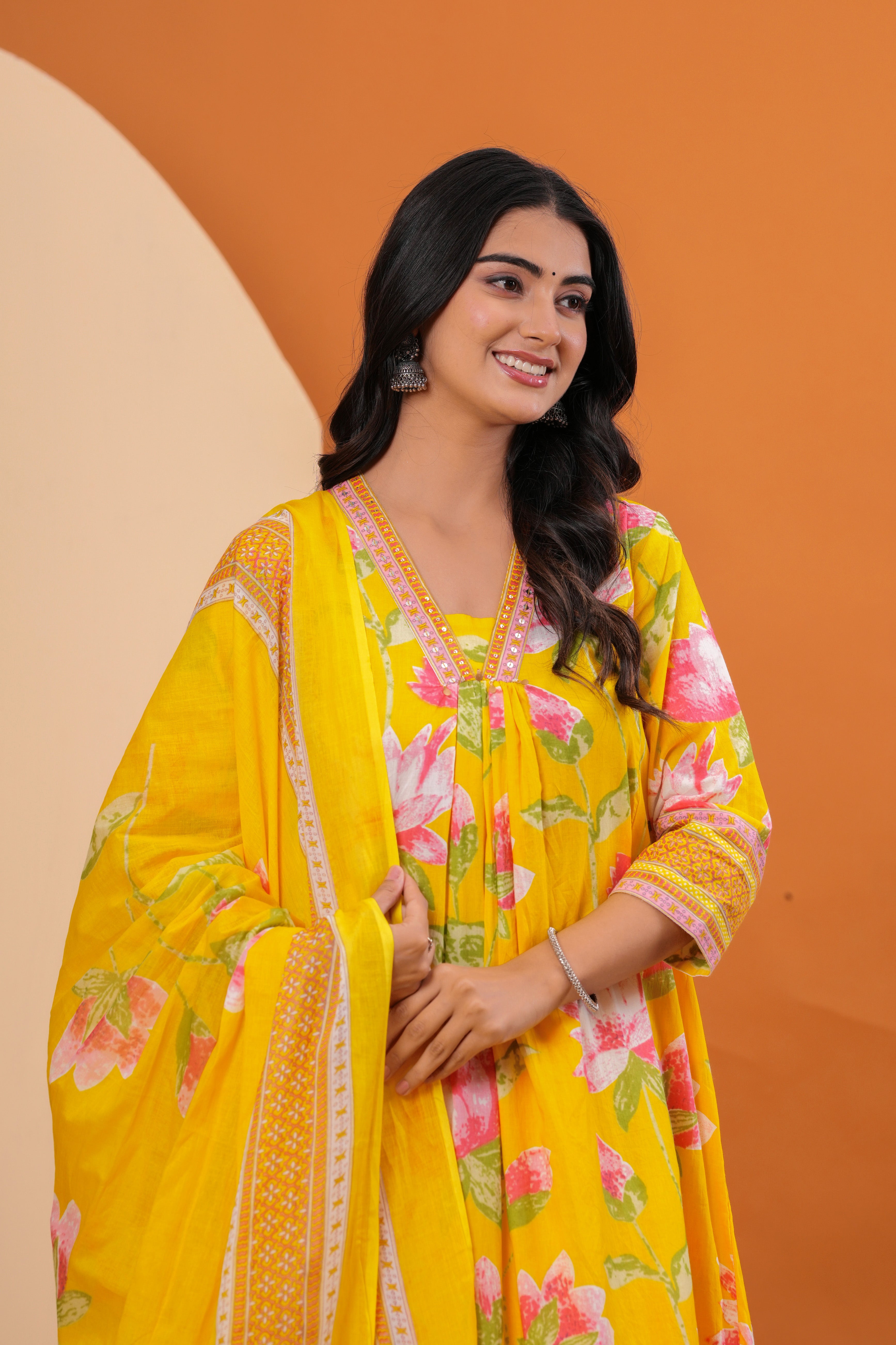 MEERA FAB Women's Pure Cotton Printed A-Line Kurta Set with Palazzo Pants & Dupatta