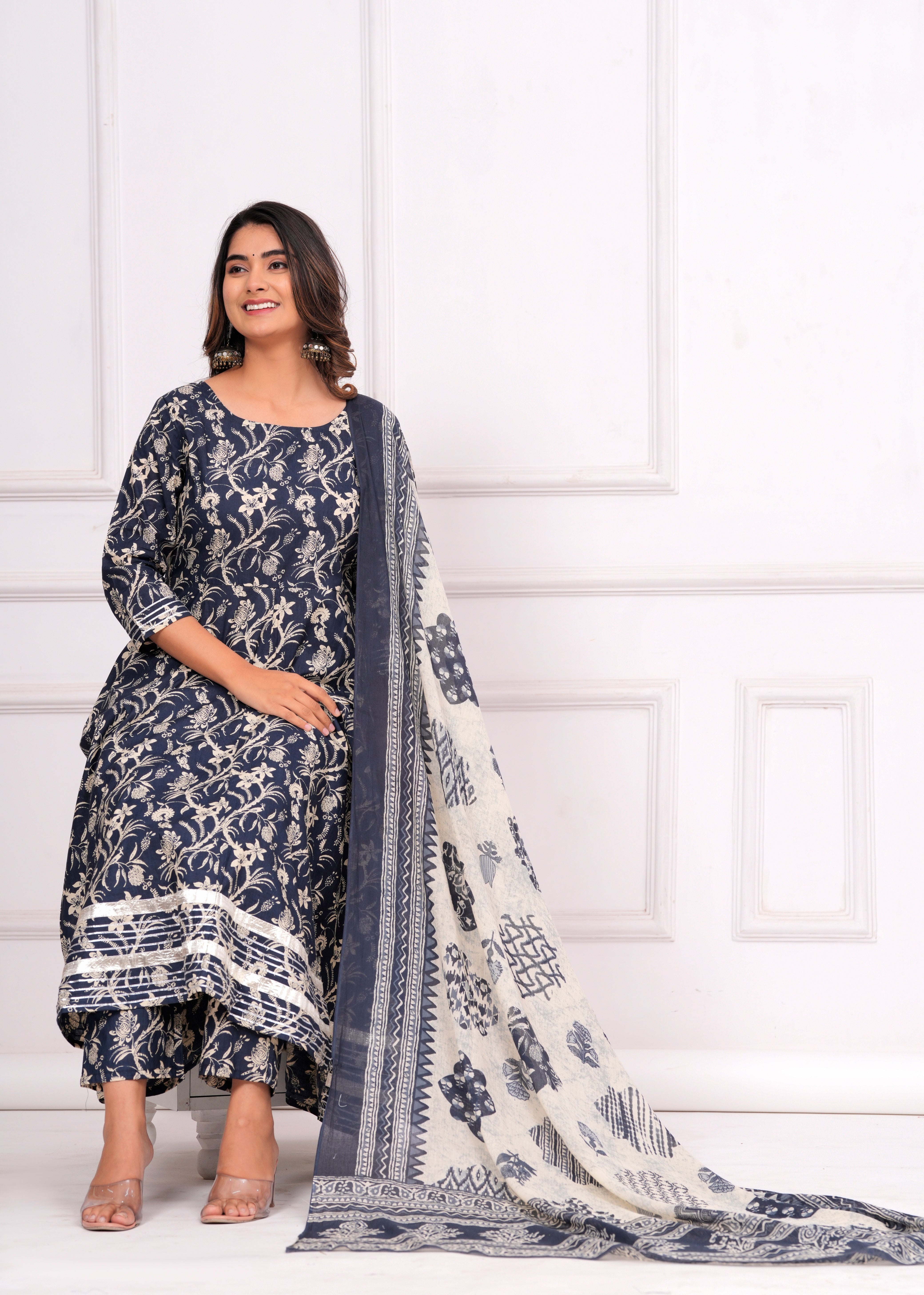 MEERA FAB Women's Cotton Printed Anarkali Kurta with Palazzo & Dupatta Set with Dori