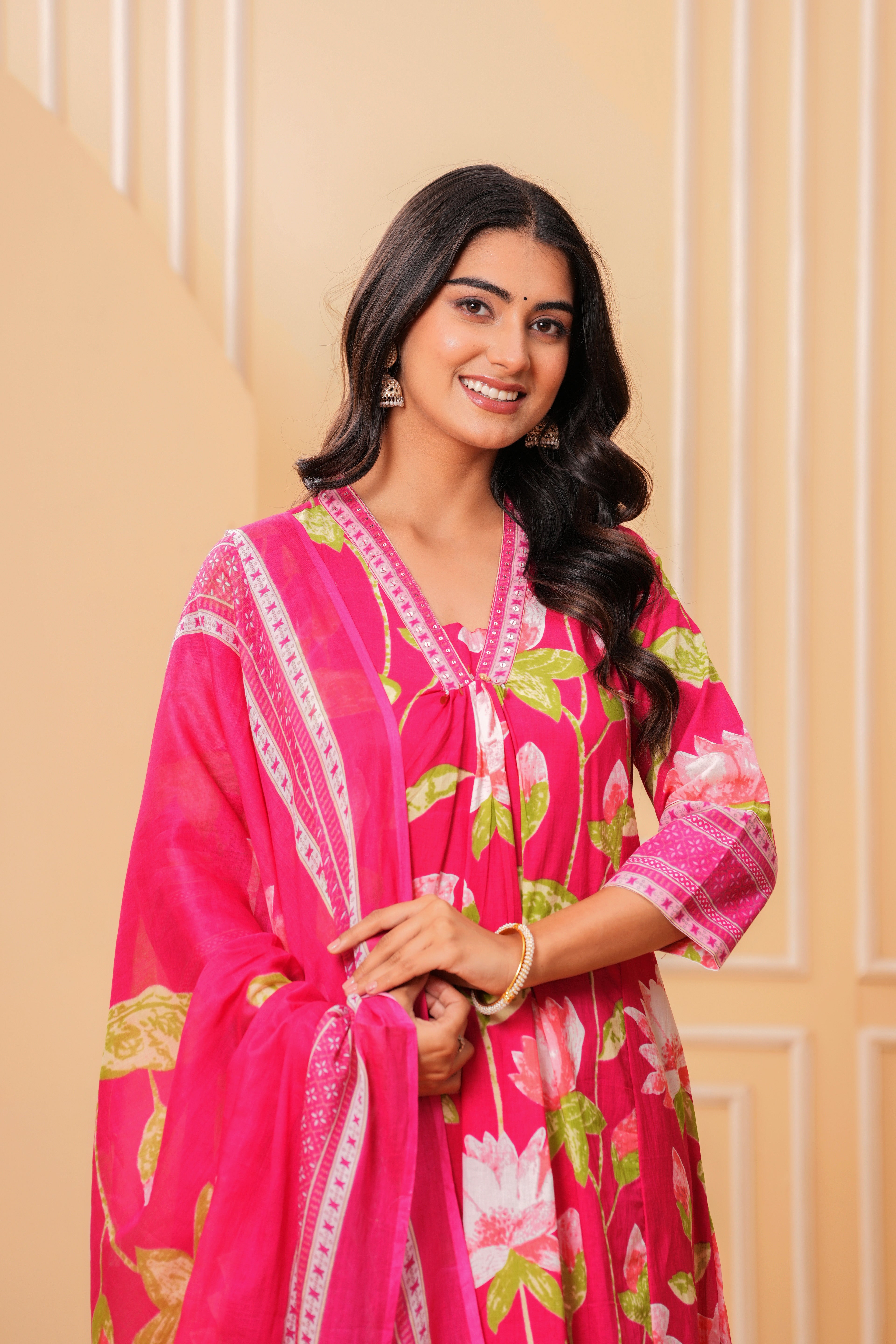 MEERA FAB Women's Pure Cotton Printed A-Line Kurta Set with Palazzo Pants & Dupatta