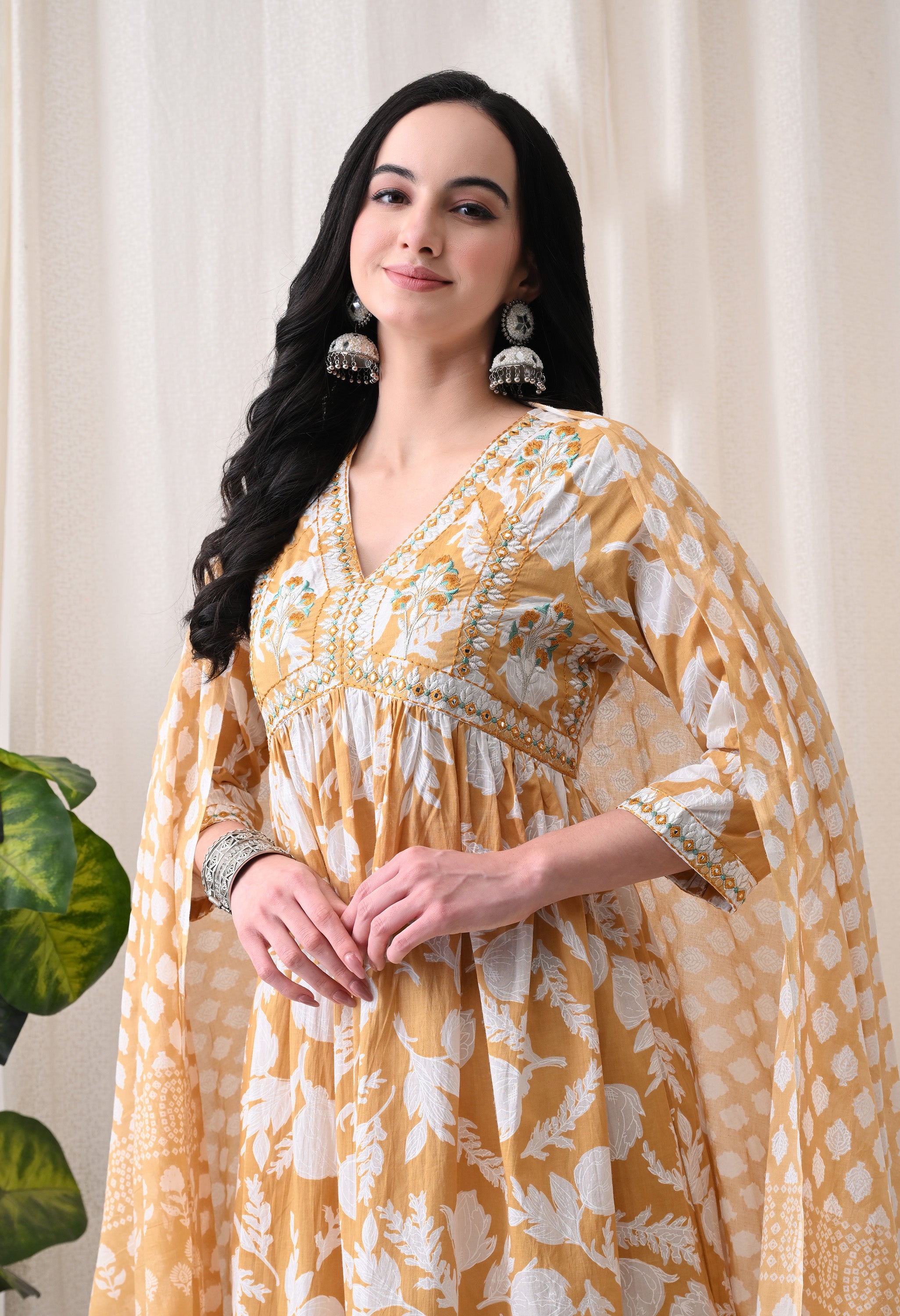 MEERA FAB Alia Cut Kurta Palazzo and Dupatta Set,Pure Cotton, with Embroidery, Block Print