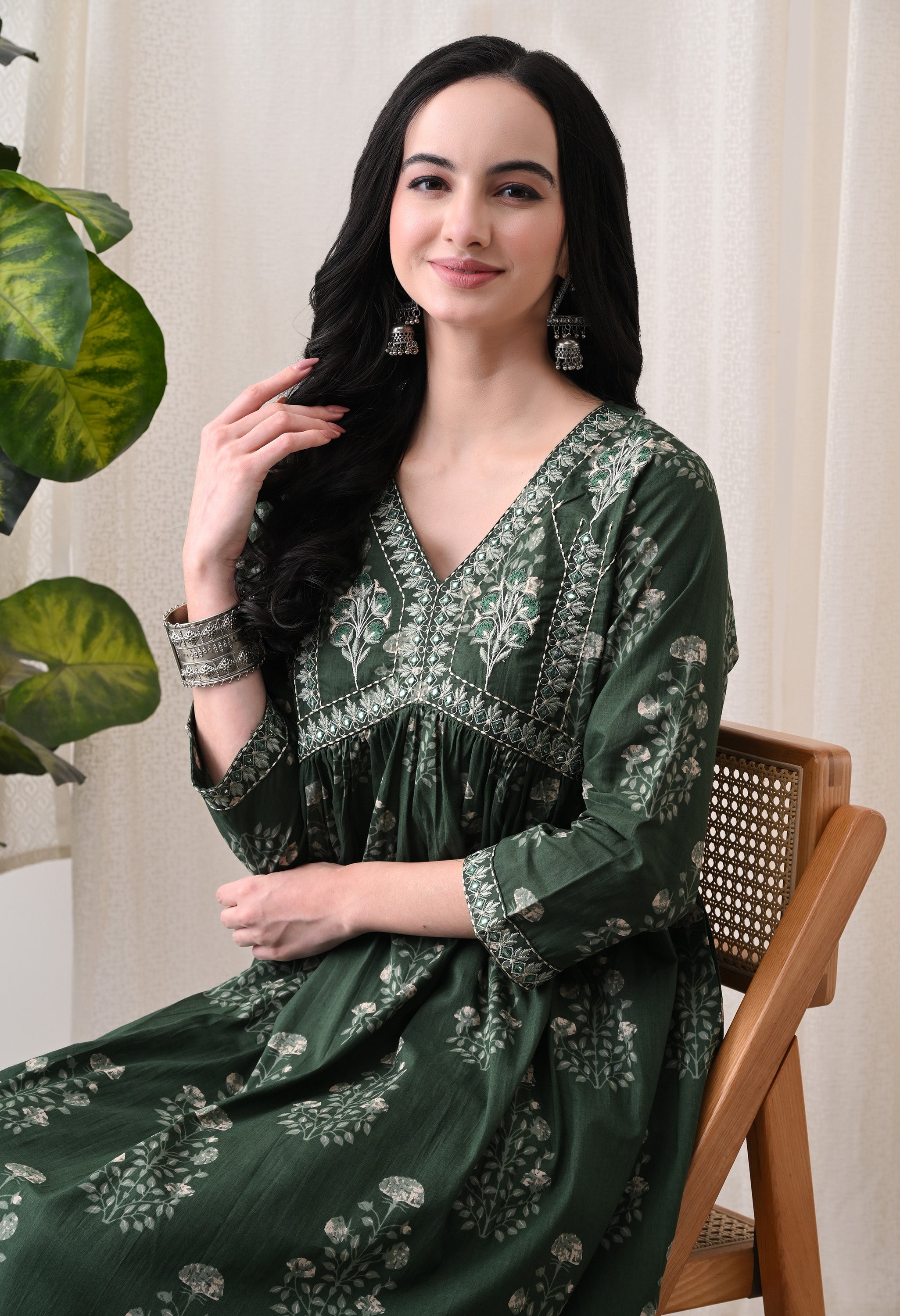 MEERA FAB Alia Cut Kurta Palazzo and Dupatta Set,Pure Cotton, with Embroidery, Block Print
