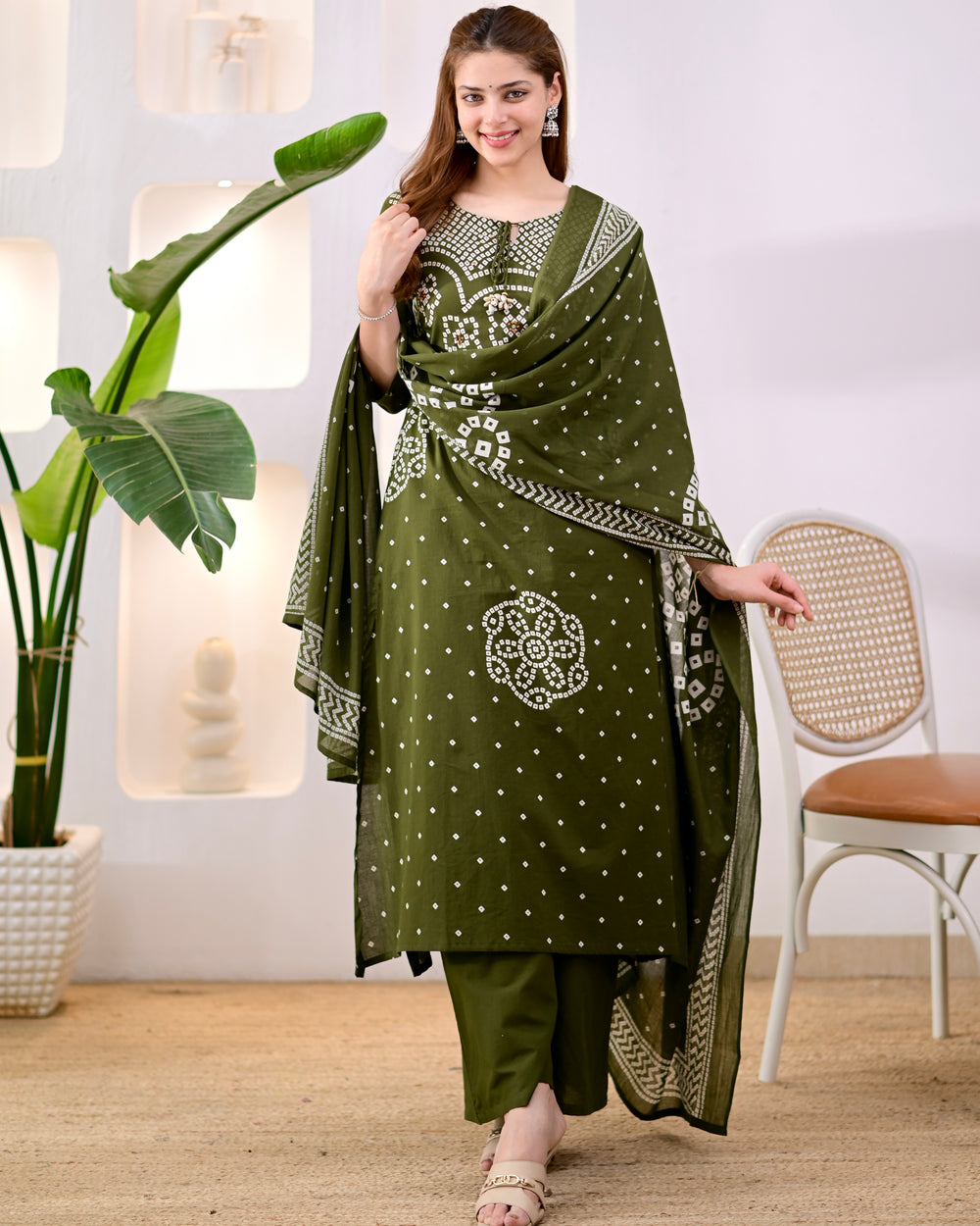 MEERA FAB Women's Pure Bandhej Cotton Straight Kurta Set with Palazzo Pants & Dupatta|Ethnic wear|Kurti Suit Set for Women