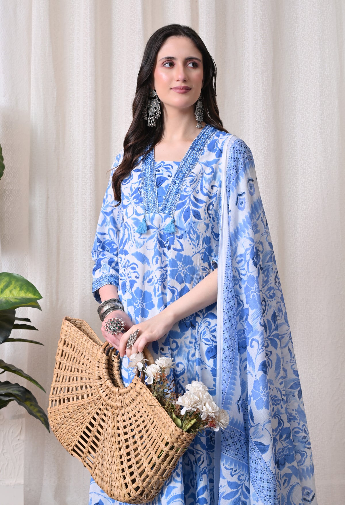 MEERA FAB Women Floral Printed Regular Pure Cotton Anarkali Kurta with Palazzos & with Dupatta