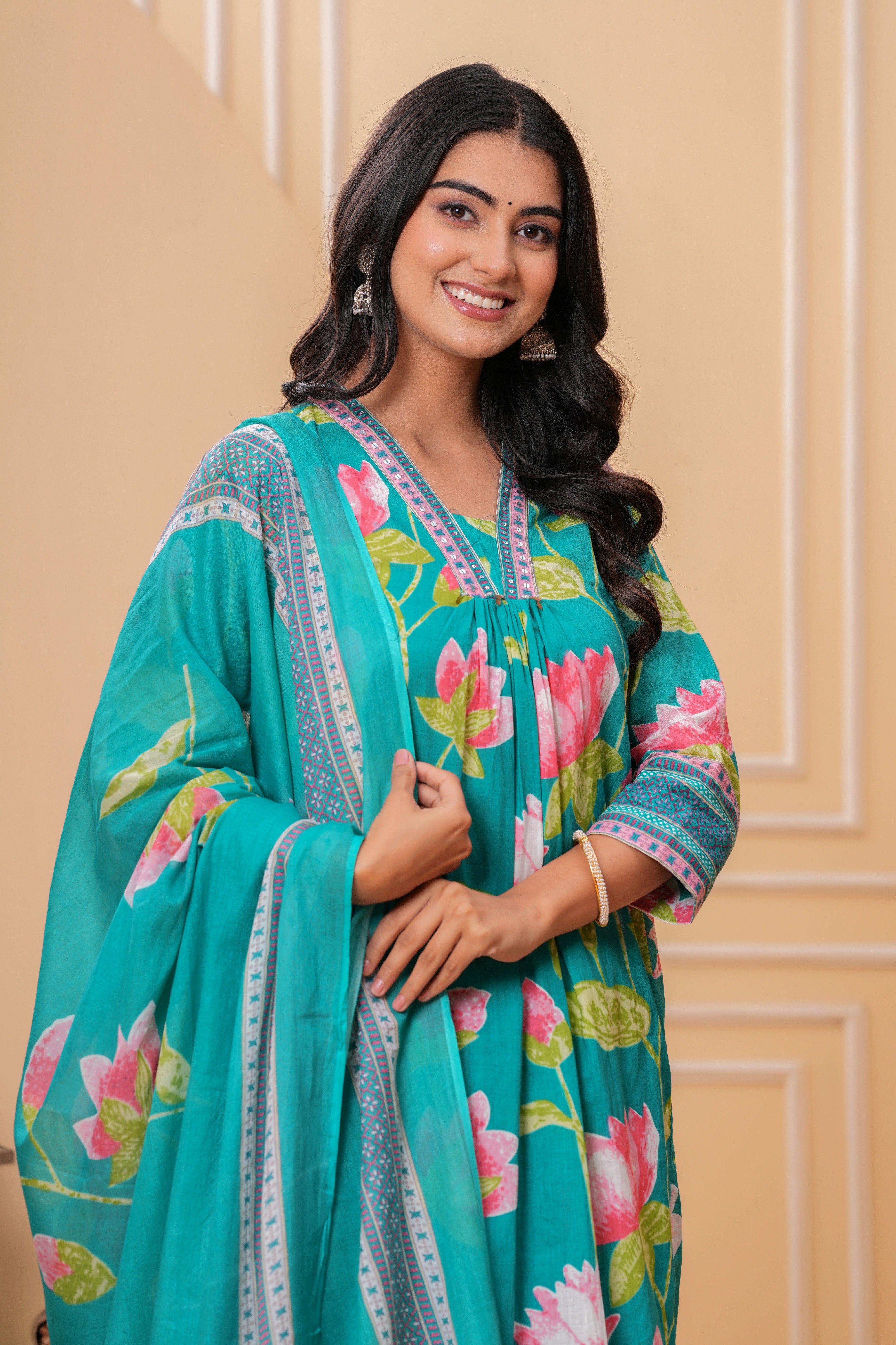 MEERA FAB Women's Pure Cotton Printed A-Line Kurta Set with Palazzo Pants & Dupatta