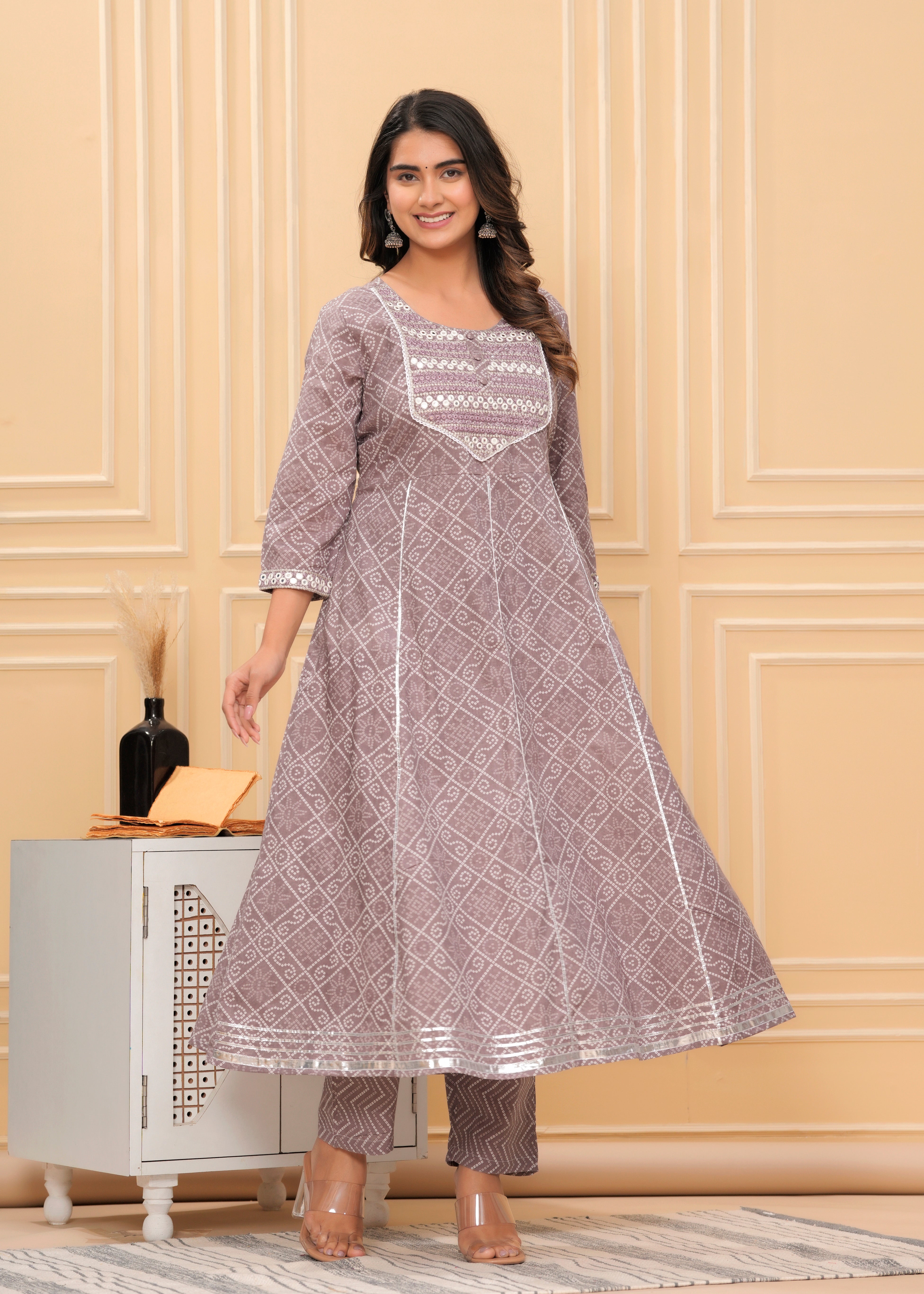 MEERA FAB Women's Cotton Printed Pink Anarkali Kurta with Palazzo & Dupatta Set