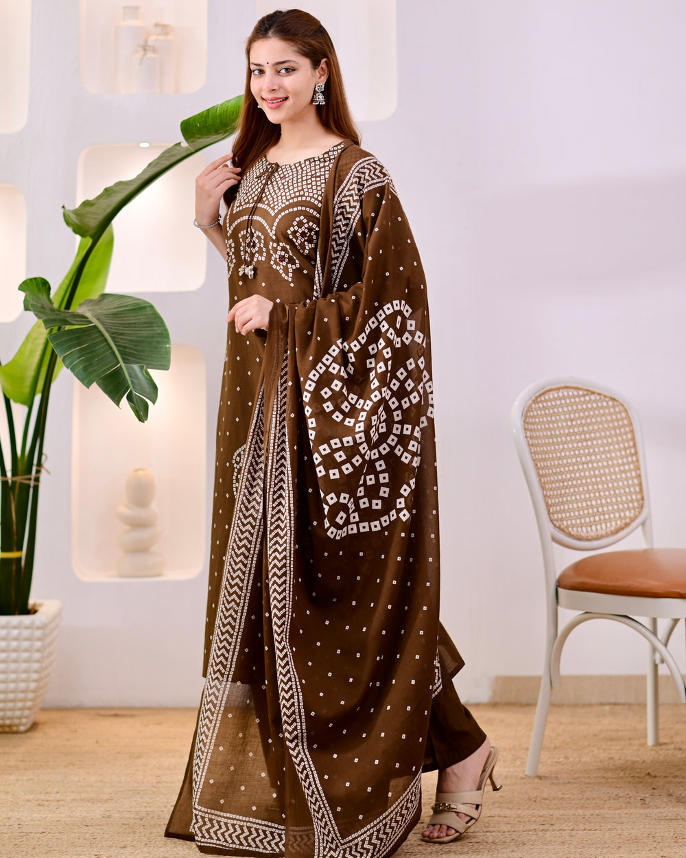 MEERA FAB Women's Pure Bandhej Cotton Straight Kurta Set with Palazzo Pants & Dupatta|Ethnic wear|Kurti Suit Set for Women