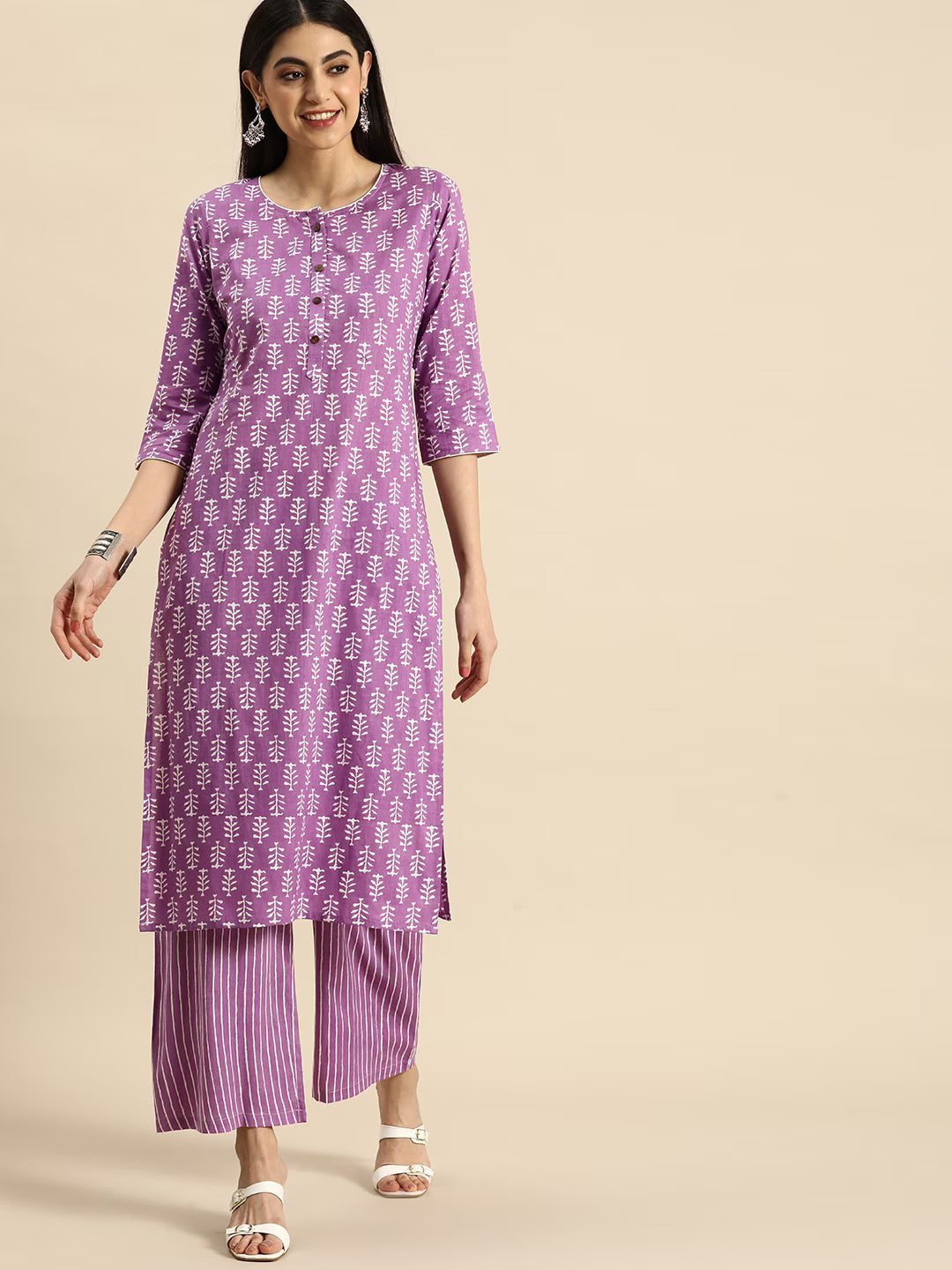 MEERA FAB Women's Cotton Printed Floral Straight Kurta with Palazzo