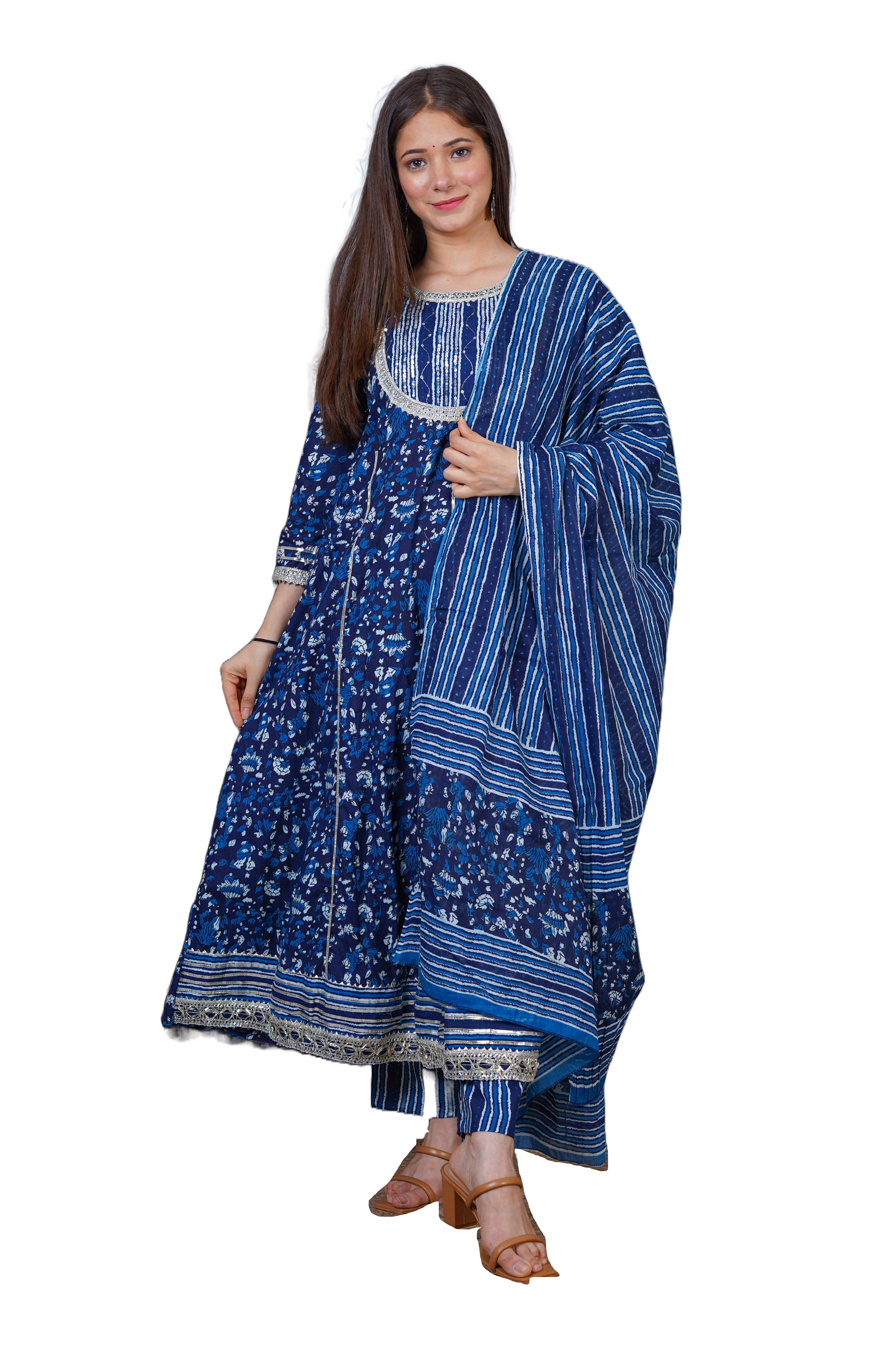 MEERA FAB Women's Cotton Floral Printed Blue Anarkali Kurta with Palazzo & Dupatta Set MF-230