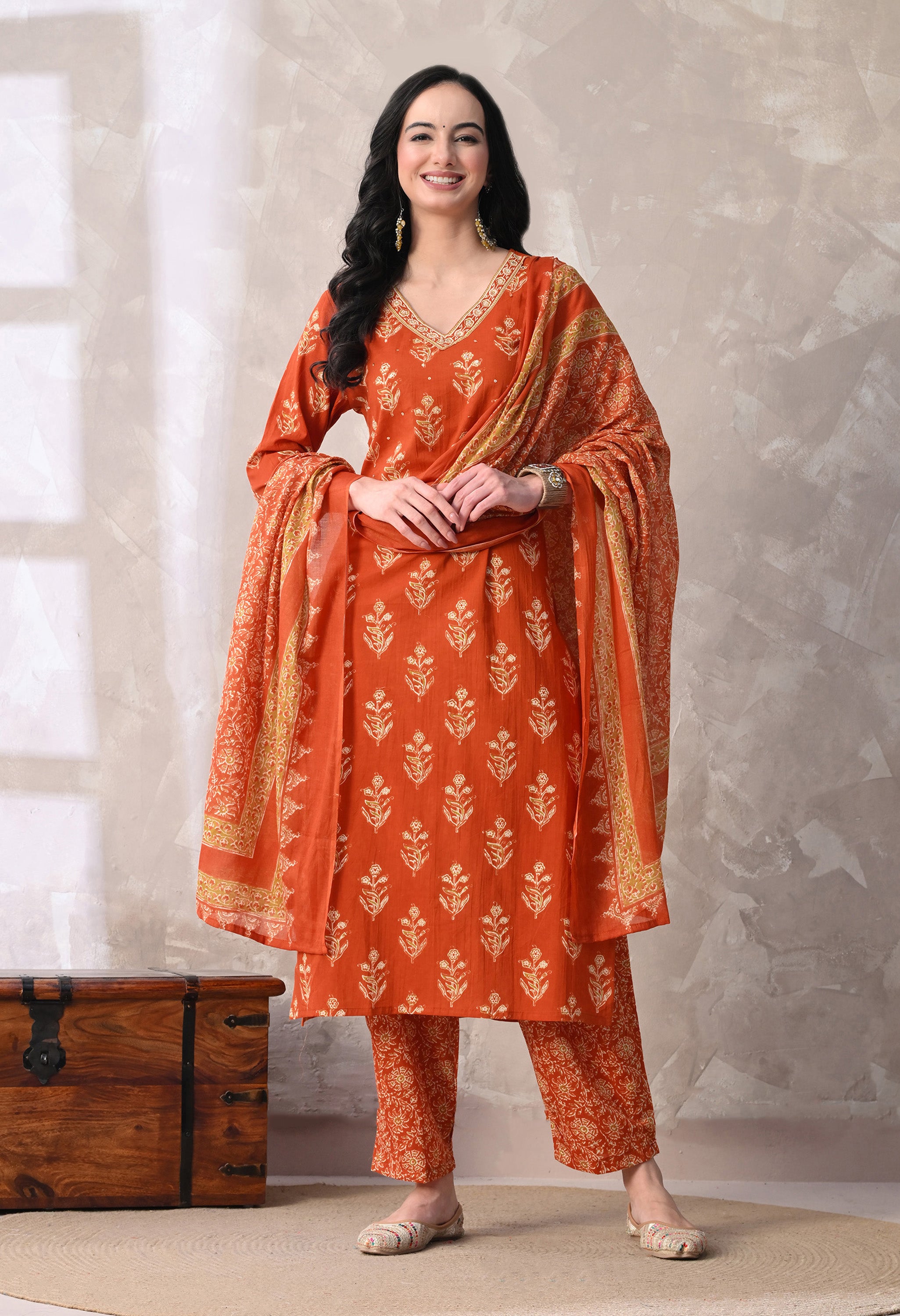 MEERA FAB Women Floral Printed Sequined Cotton Straight Kurta With Palazzos & Dupatta | Sanganeri Print