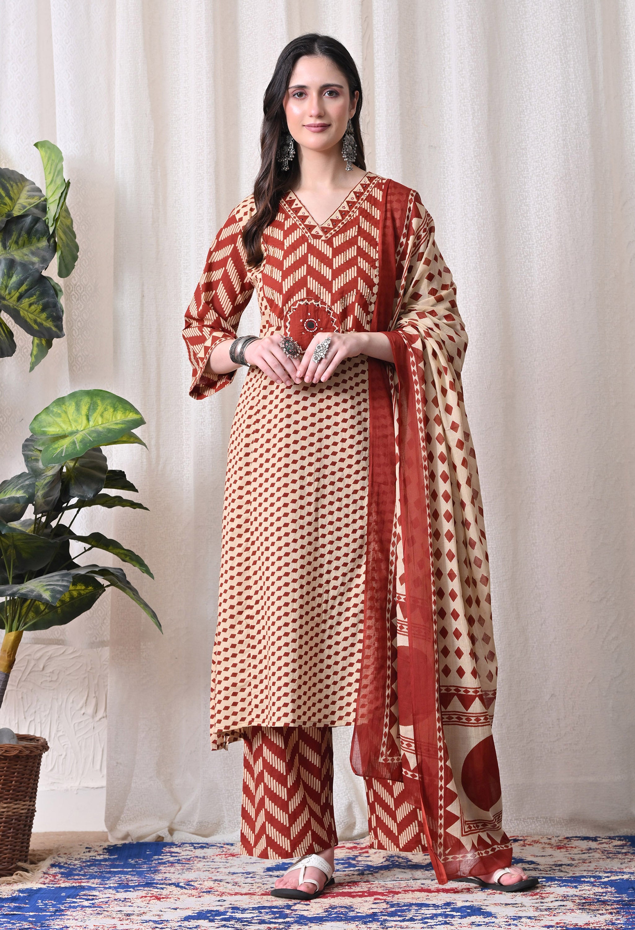 MEERA FAB Women Printed Regular Pure Cotton Straight Embroidery Kurta with Palazzos & with Dupatta