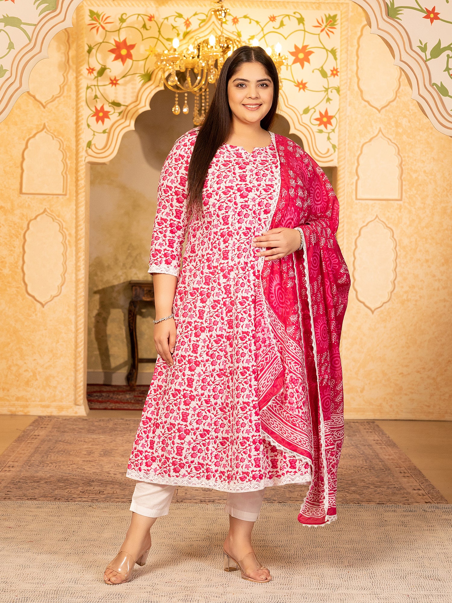 MEERA FAB Women's Pure Cotton Printed Anarkali Kurta with Palazzos & Dupatta