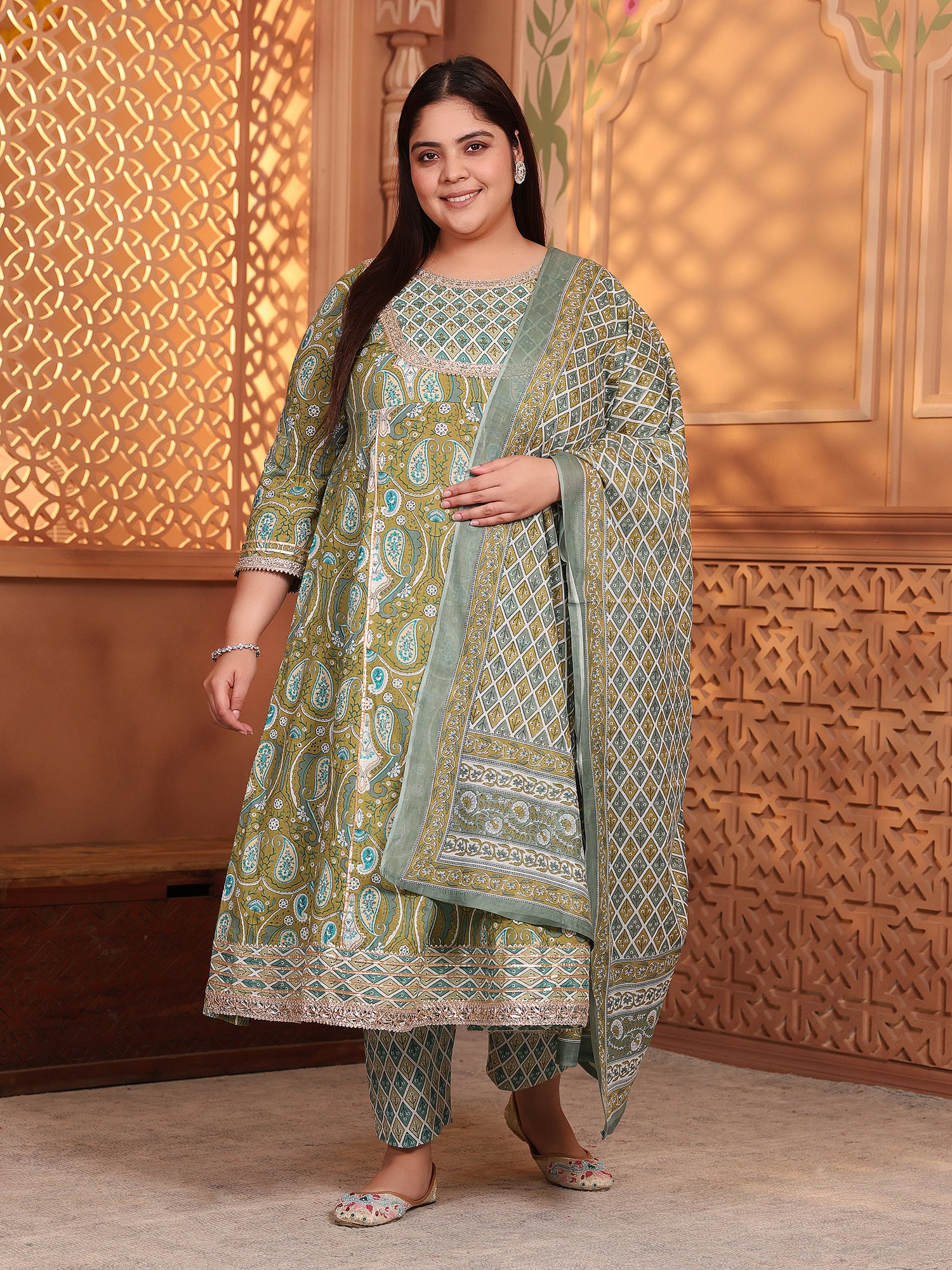 MEERA FAB Plus Size Printed Pure Cotton Anarkali Handwork Kurta with Palazzos & Dupatta