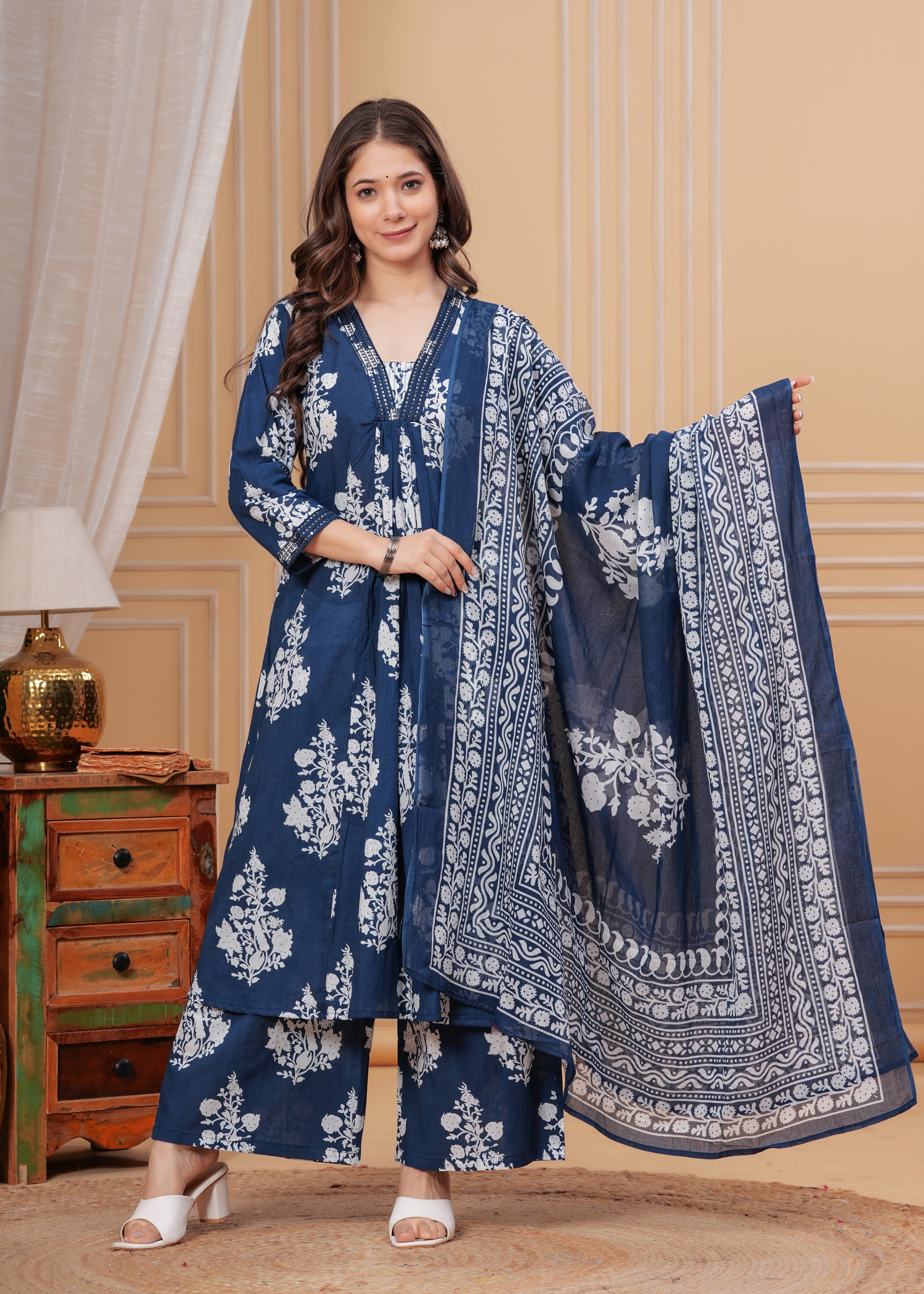 MEERA FAB Women's Cotton Blend V-Neck Anarkali Embrodriery Kurta with Palazzo & Dupatta