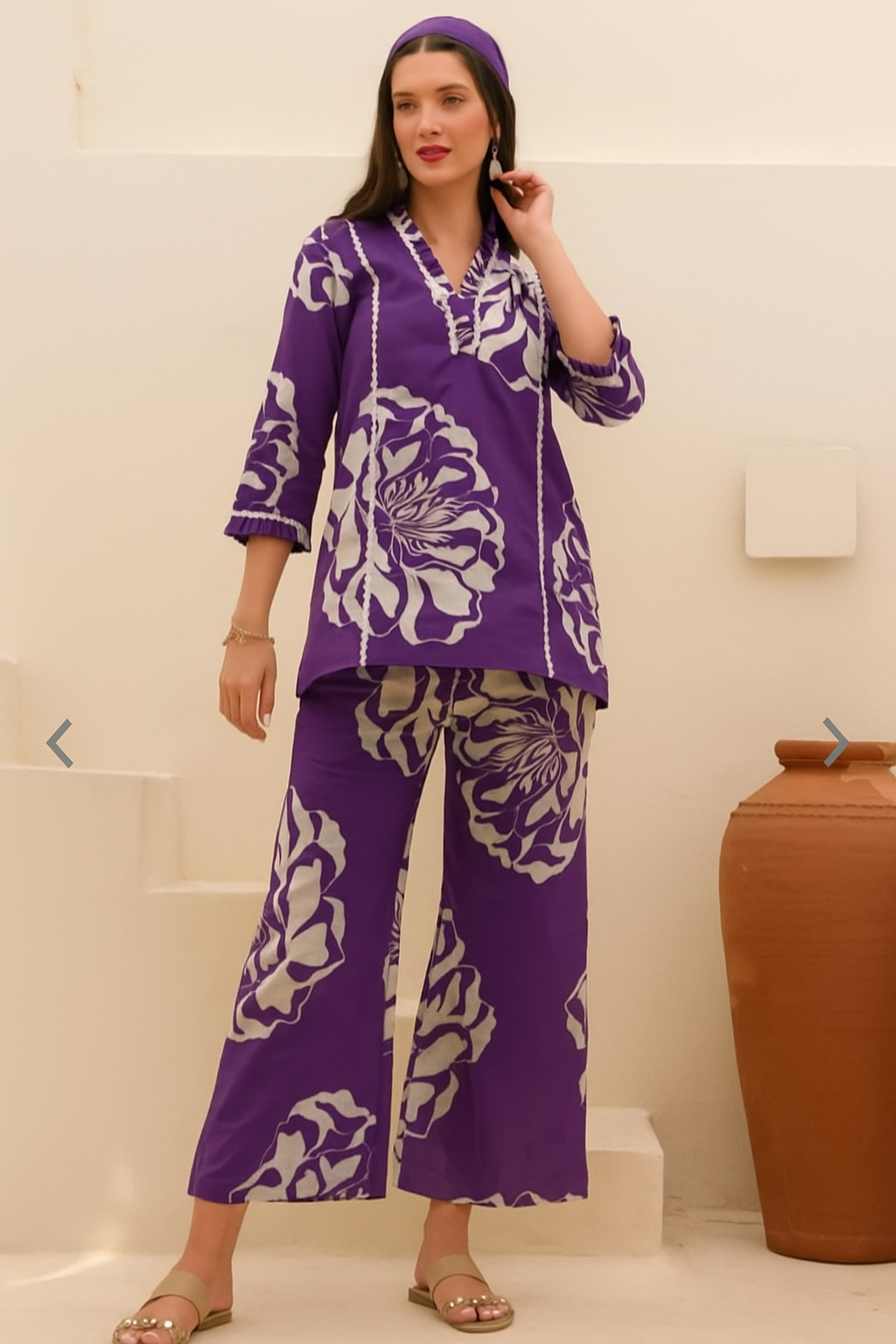 MEERA FAB Women Printed V-Neck Pure Cotton Tunic with Trousers Co-Ords Set