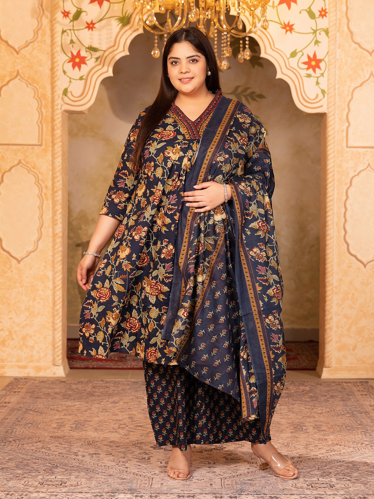 MEERA FAB Women's Cotton Blend V-Neck Plus Size Kurta Printed Kurta with Palazzo & Dupatta Set