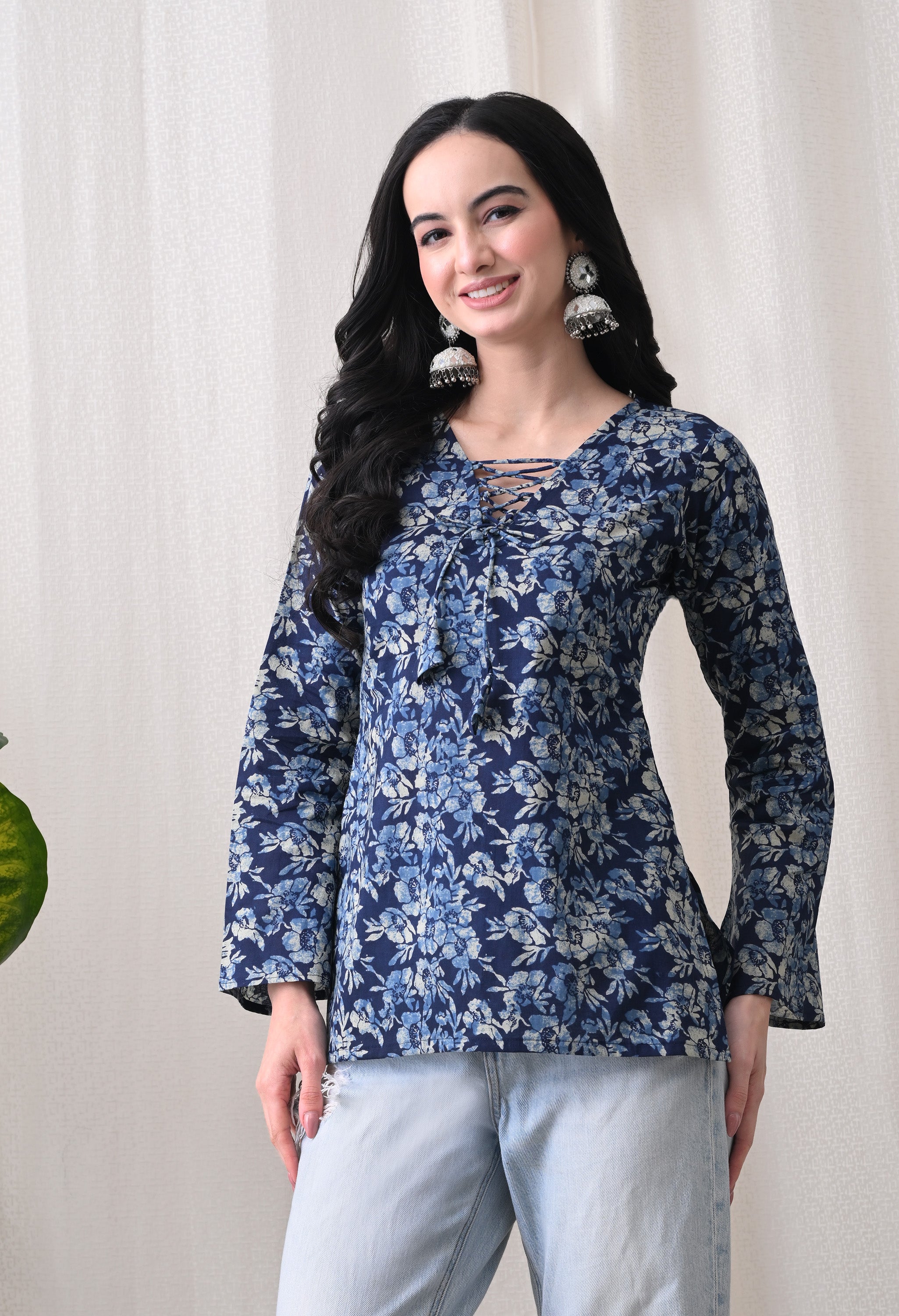 MEERA FAB Women's Boho Floral Printed Kurti Top | V-Neck Tie-Up Cotton Blouse with Bell Sleeves | Casual Summer Tunic for Jeans