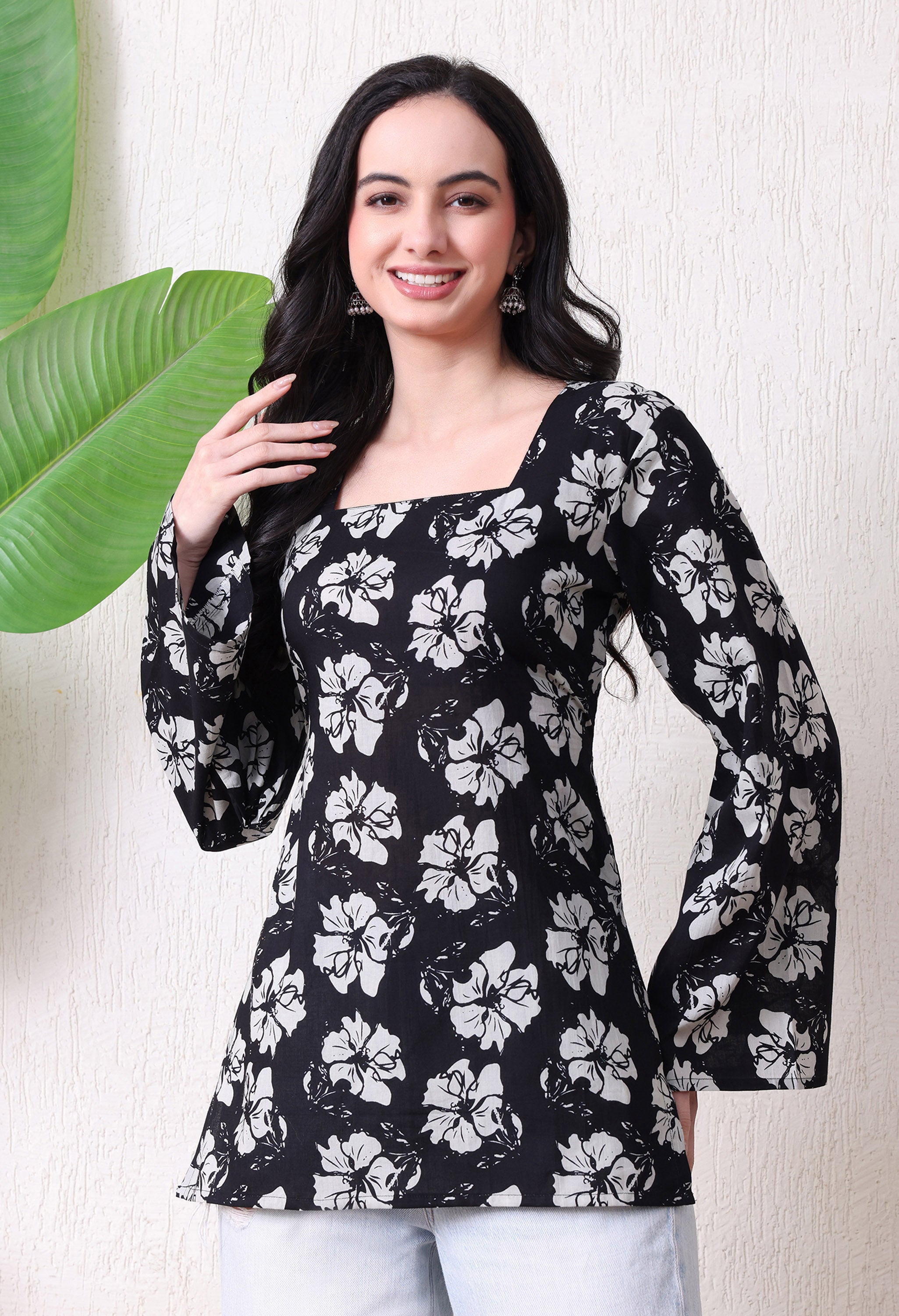 MEERA FAB Women's Floral Printed Cotton Short Kurta | Floral Printed Kurta with Full Sleeves | Short Kurti for Women