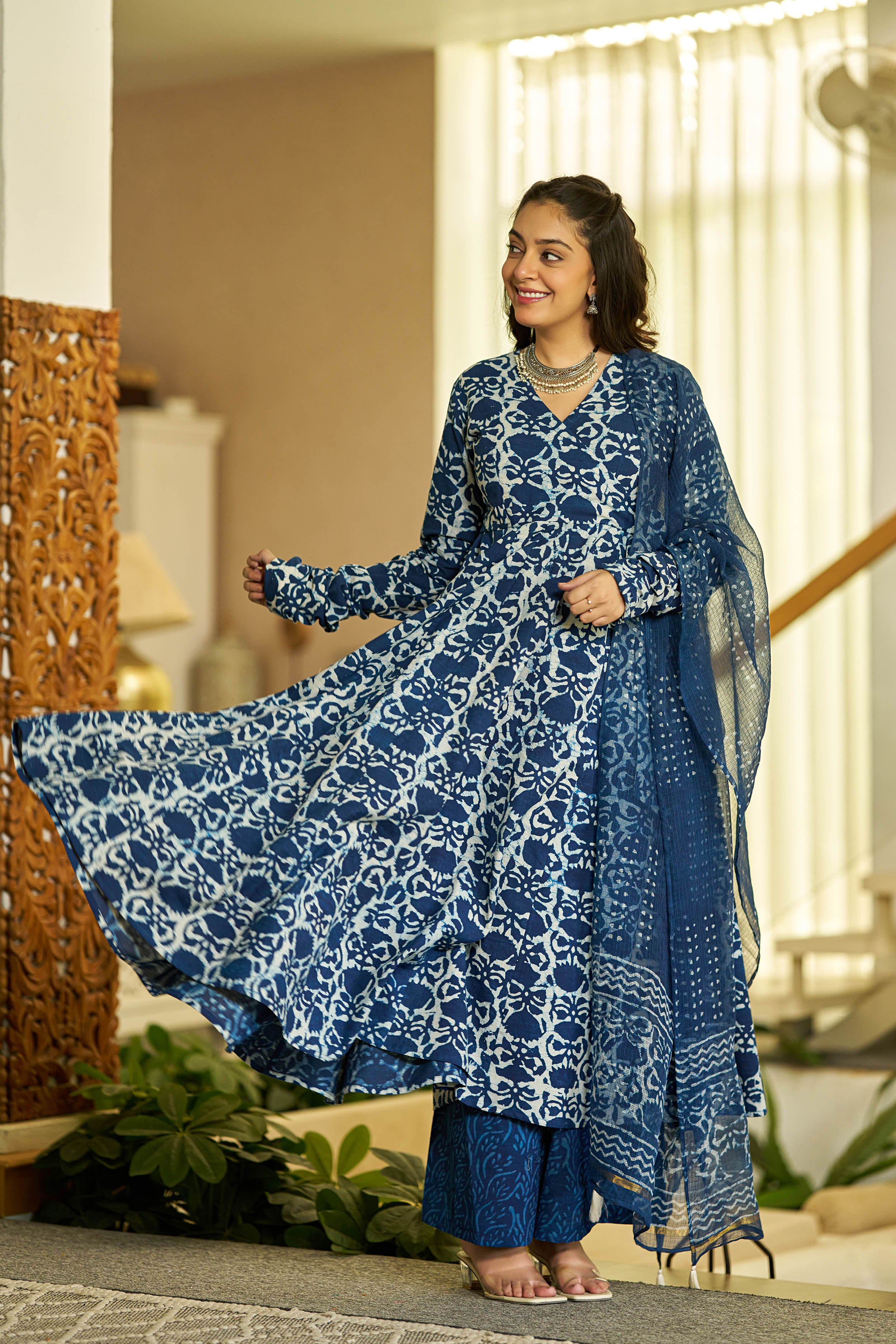 MEERA FAB Women Blue Printed Regular Pure Cotton Anarkali Kurta with Palazzos & with Dupatta