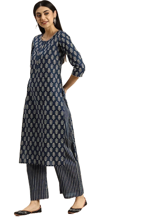 MEERA FAB Women's Cotton Printed Floral Straight Kurta with Palazzo