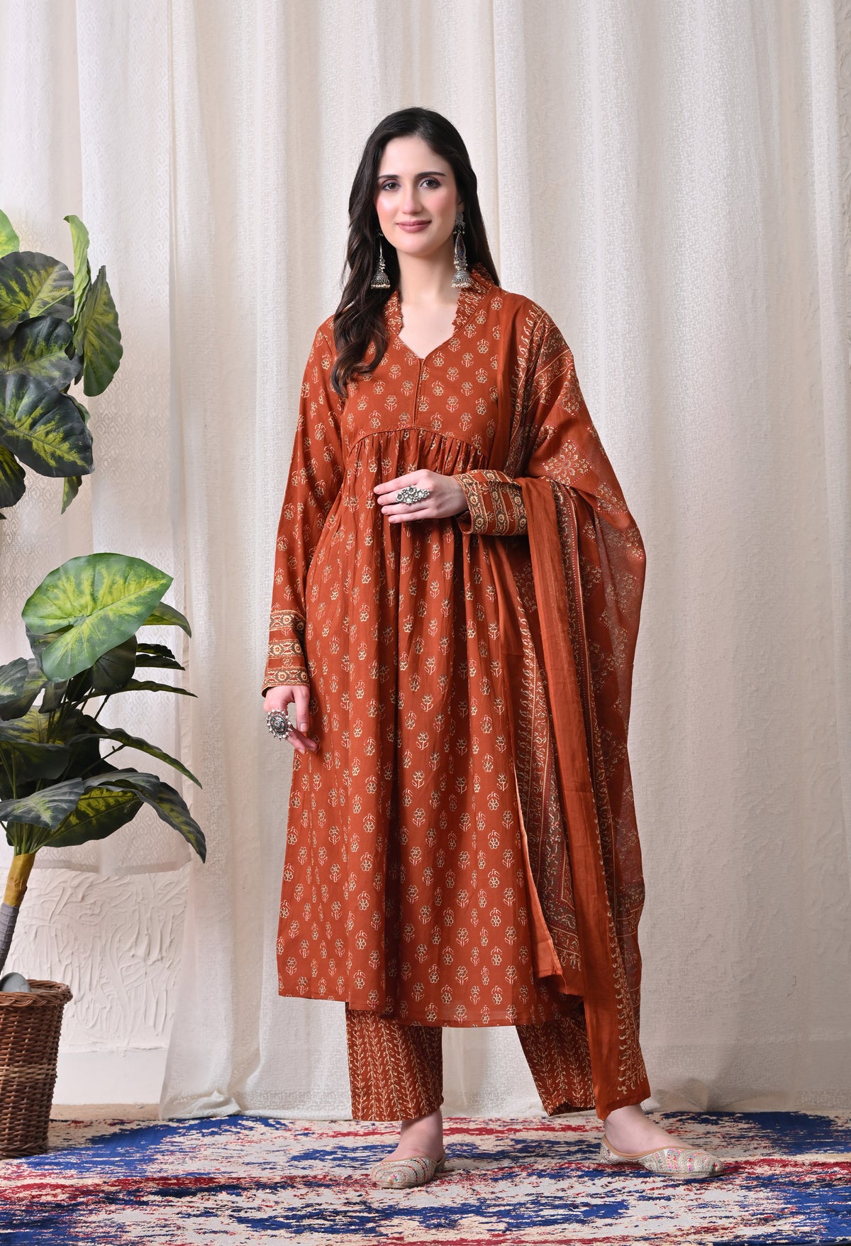 MEERA FAB Women Printed Regular Pure Cotton Anarkali Kurta with Palazzos & with Dupatta