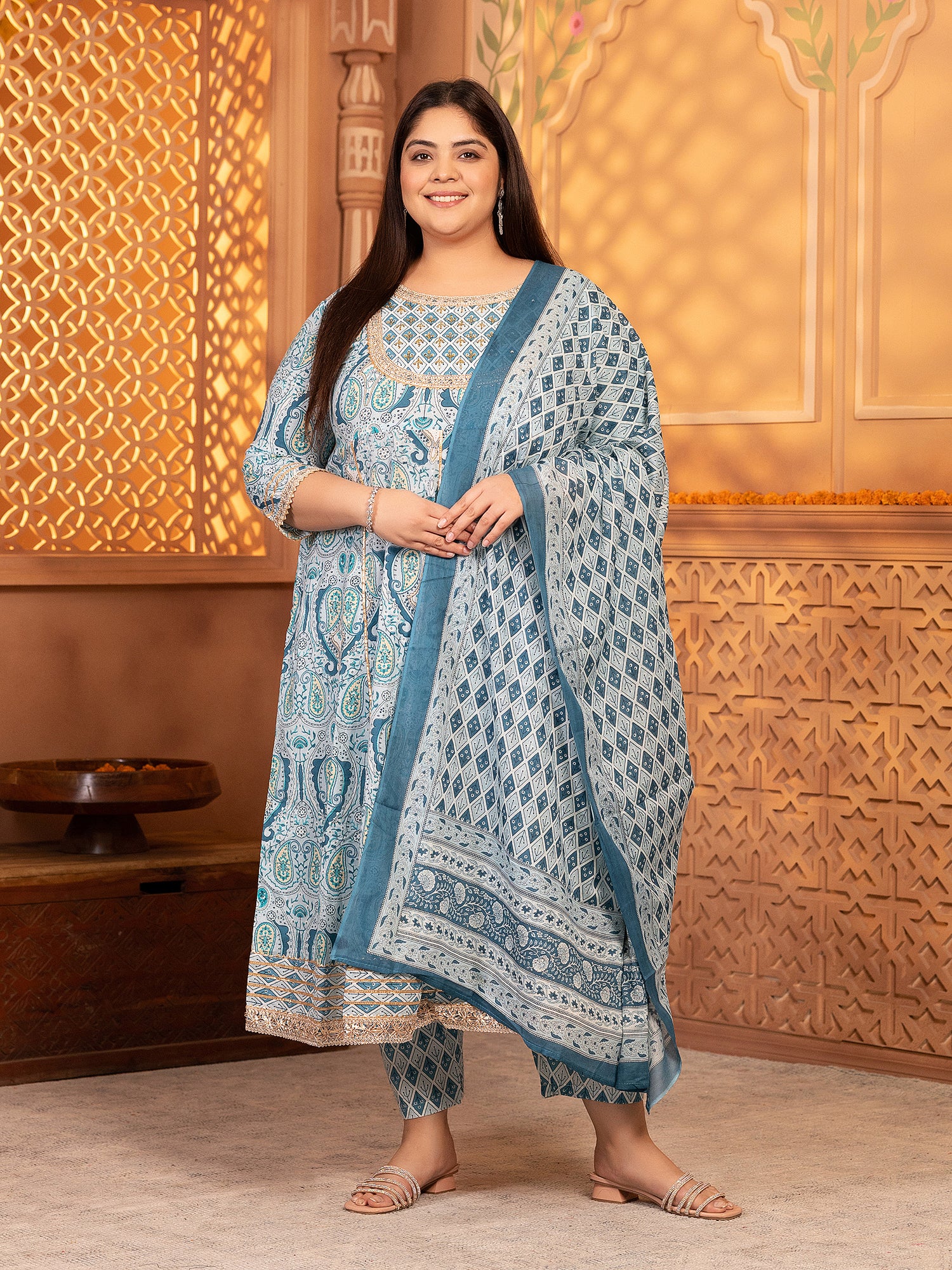 MEERA FAB Women's Pure Cotton Printed Anarkali Handwork Kurta with Palazzos & Dupatta