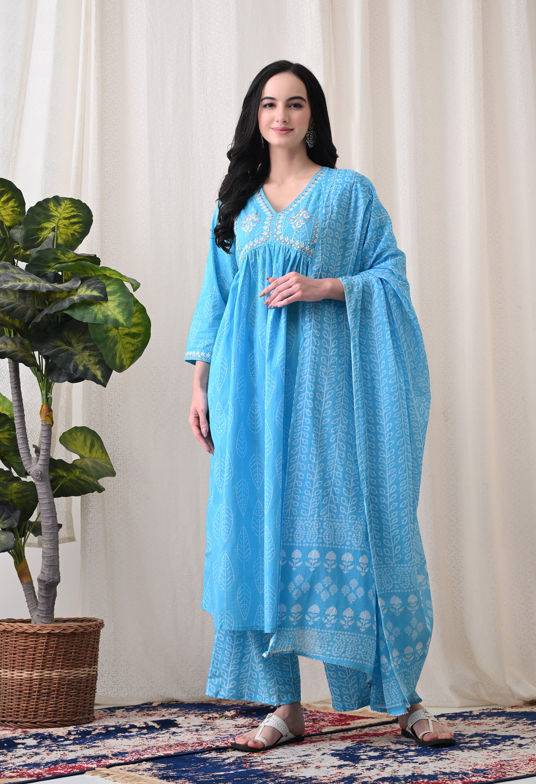 MEERA FAB Alia Cut Kurta Palazzo and Dupatta Set,Pure Cotton, with Embroidery, Block Print