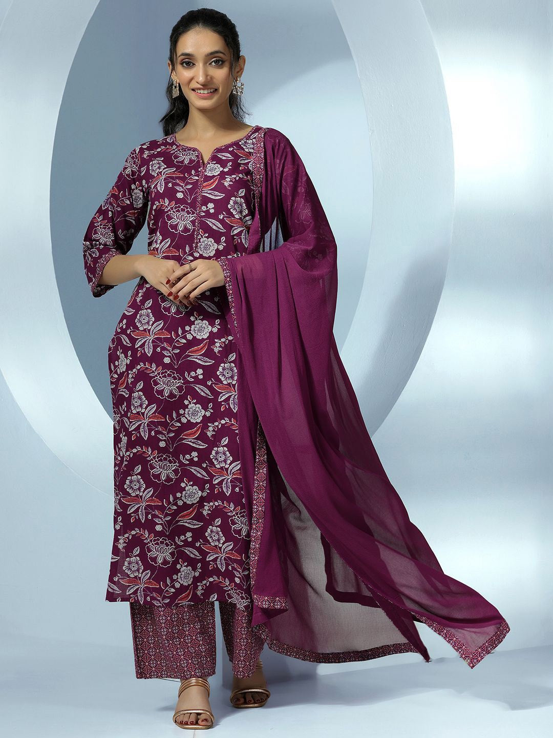 MEERA FAB Womens Pure Cotton Floral Printed Kurta with Palazzo & Dupatta