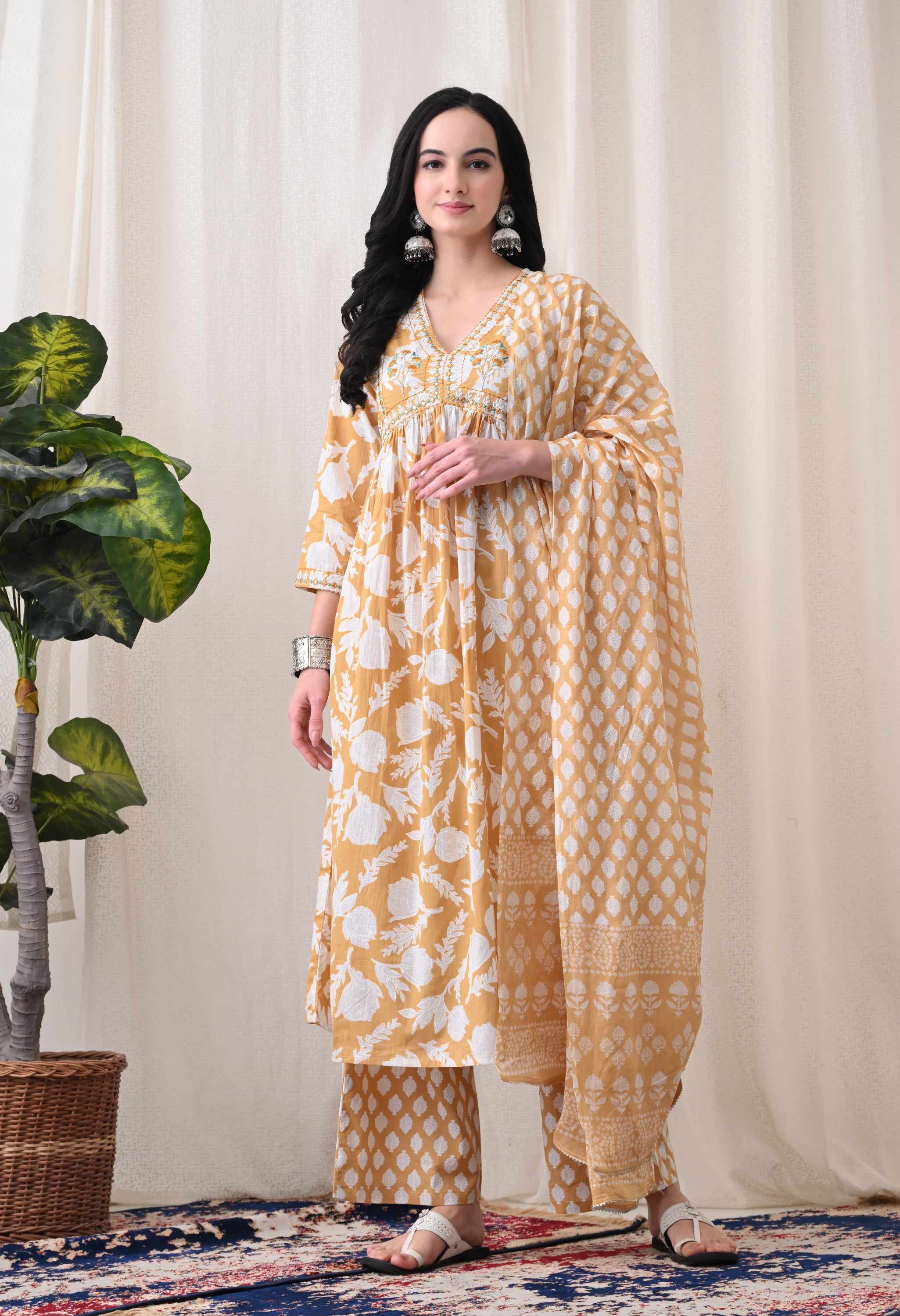MEERA FAB Alia Cut Kurta Palazzo and Dupatta Set,Pure Cotton, with Embroidery, Block Print