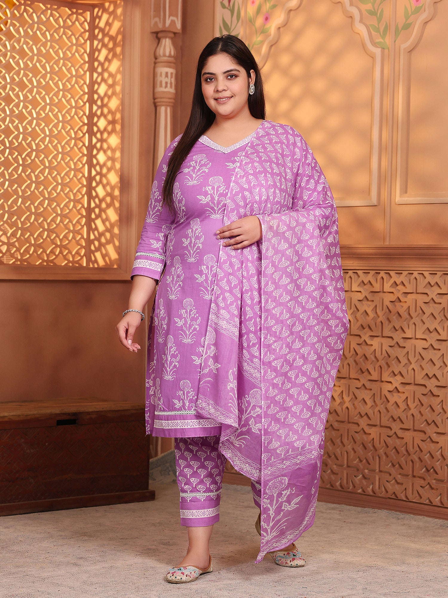 MEERA FAB Plus Size Women's Cotton Blend Straight Printed Kurta with Palazzo & Dupatta