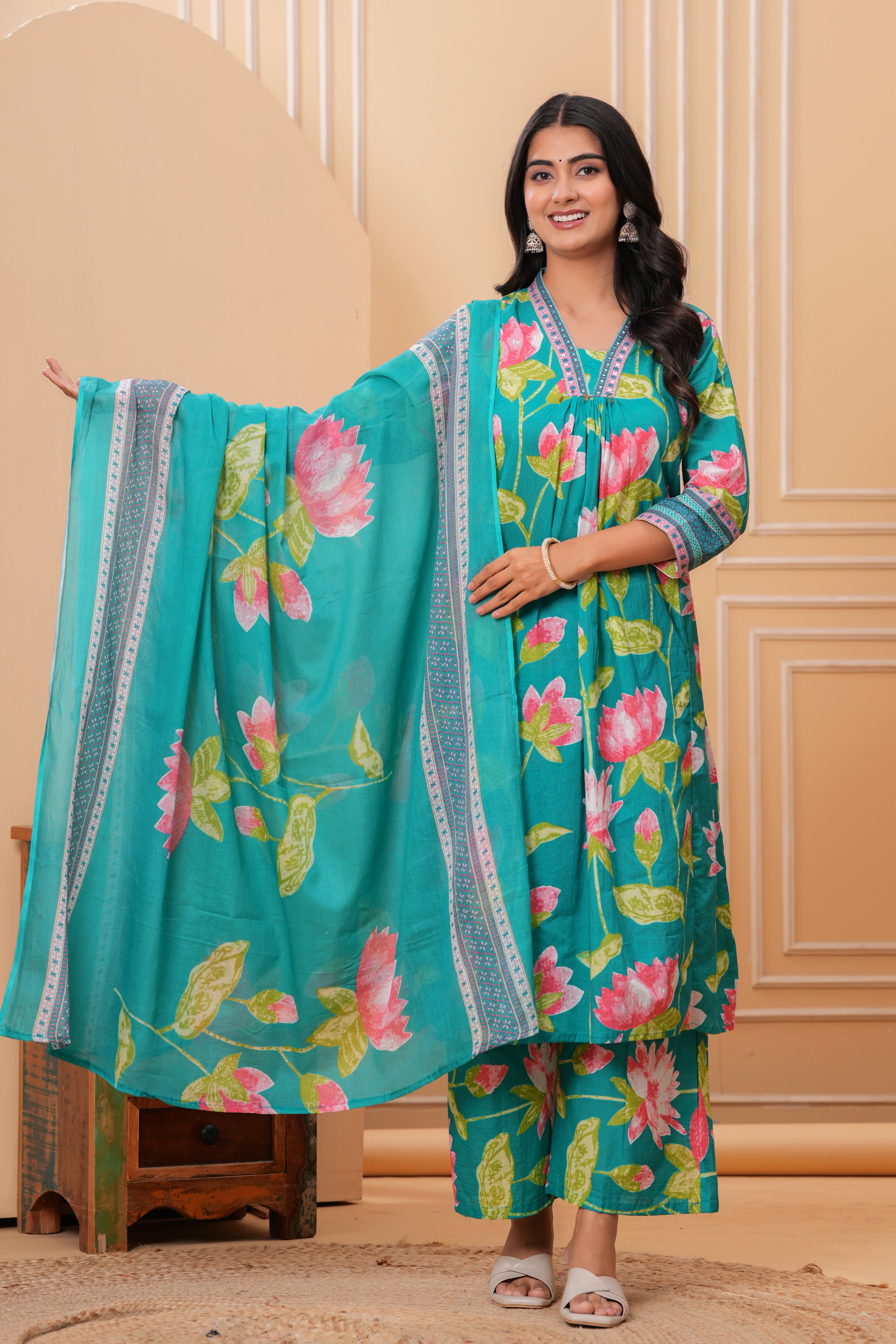 MEERA FAB Women's Pure Cotton Printed A-Line Kurta Set with Palazzo Pants & Dupatta