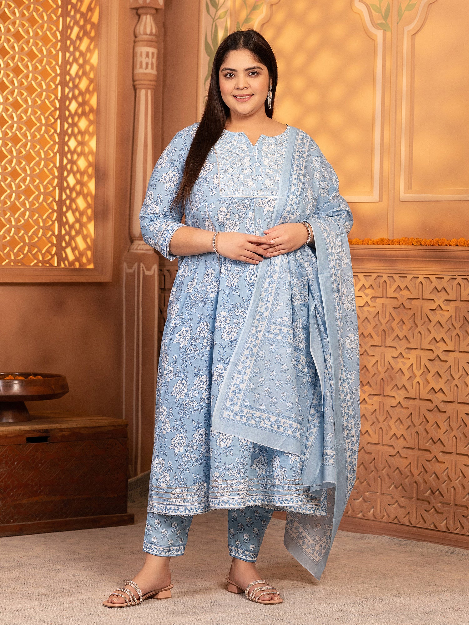 MEERA FAB Women's Pure Cotton Printed Anarkali Handwork Kurta with Palazzos & Dupatta