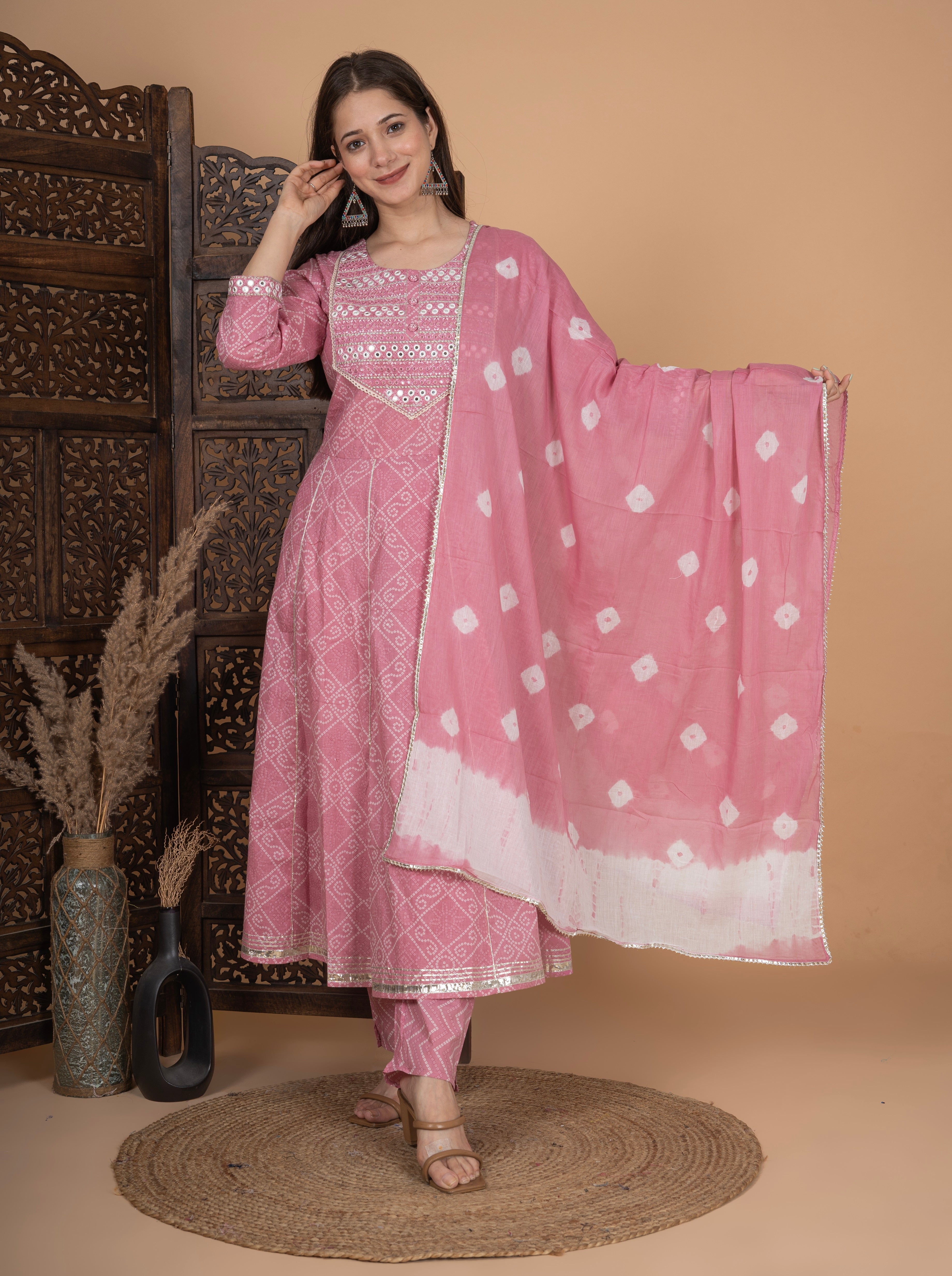 MEERA FAB Women's Cotton Printed Pink Anarkali Kurta with Palazzo & Dupatta Set