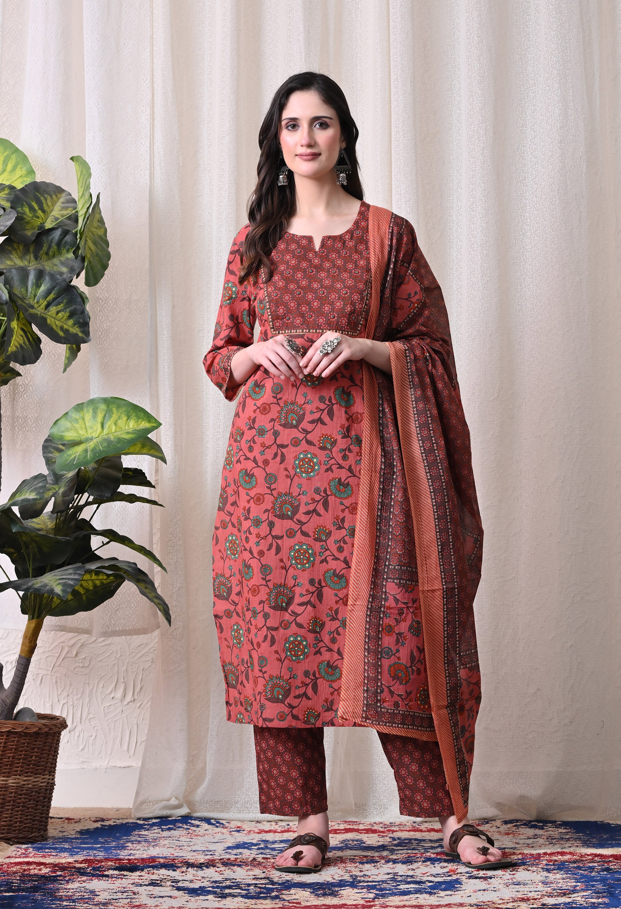MEERA FAB Women Printed Regular Pure Cotton Straight Handwork Kurta with Palazzos & with Dupatta (Copy)