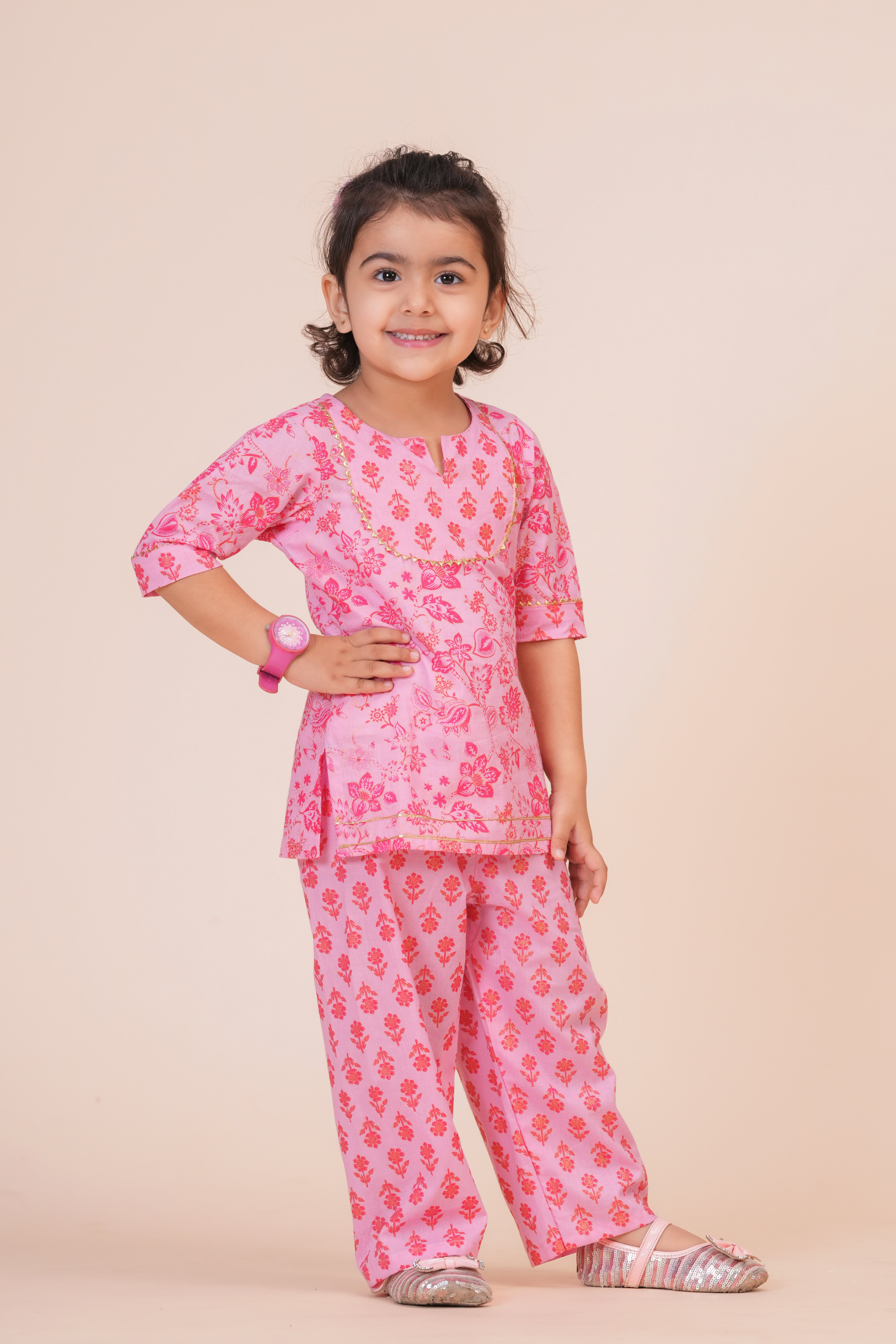 Girls Pure Cotton Top with Pant Set | Floral Printed Half Sleeve Top with Palazzo Pants | Soft Breathable Co-ord Outfit