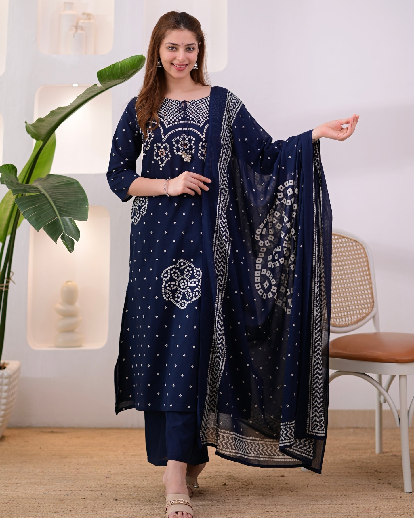 MEERA FAB Women's Pure Bandhej Cotton Straight Kurta Set with Palazzo Pants & Dupatta|Ethnic wear|Kurti Suit Set for Women